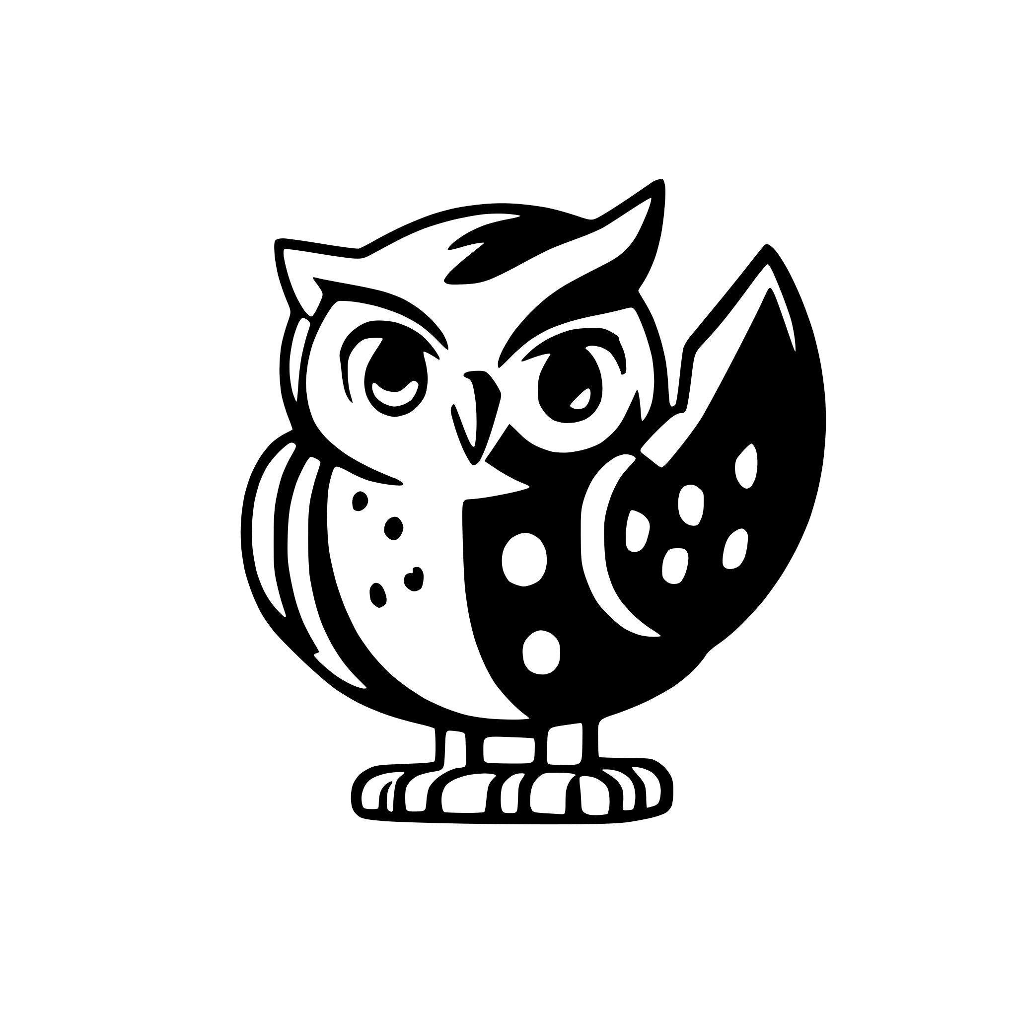AI-generated SVG of a A minimal, cartoon-style owl mascot in flat vector style, front-facing, with simple bold shapes and limited colors (mainly dark blue and yellow). Friendly expression, symmetrical design, and suitable for logo animation. Clean white background. Designed for Adobe Illustrator.
