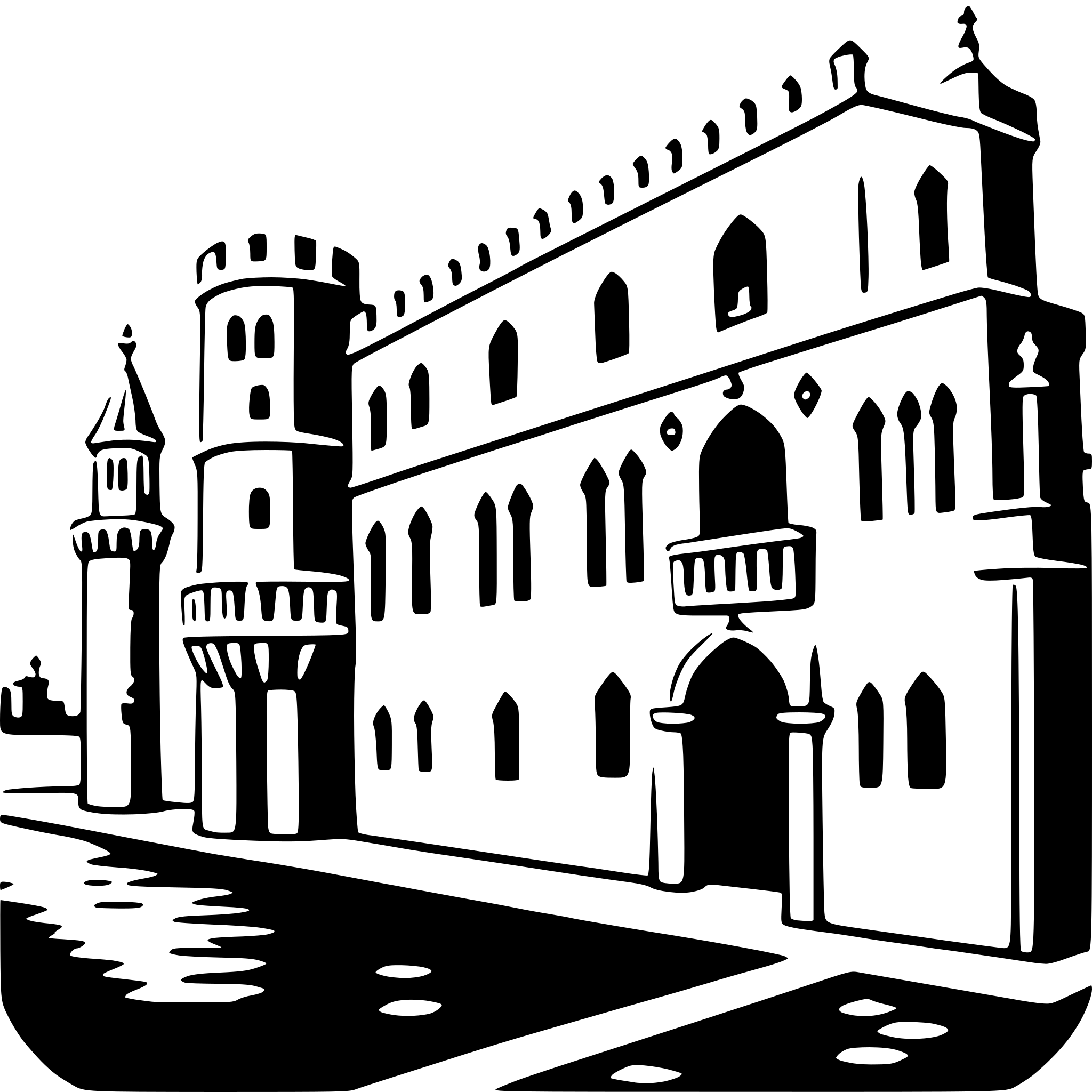 The SVG depicts a stylized, monochrome illustration of a castle and a church. The castle, on the left, features multiple towers with conical roofs, and a central tower with a pointed roof. The church, on the right, has a large arched entrance with a balcony above it, and a smaller tower with a pointed roof to the left of the entrance. The castle and church are connected by a pathway, and there is a reflection of the castle and church on the water in front of them. The illustration is simple and uses solid lines and shapes to convey the architecture. 