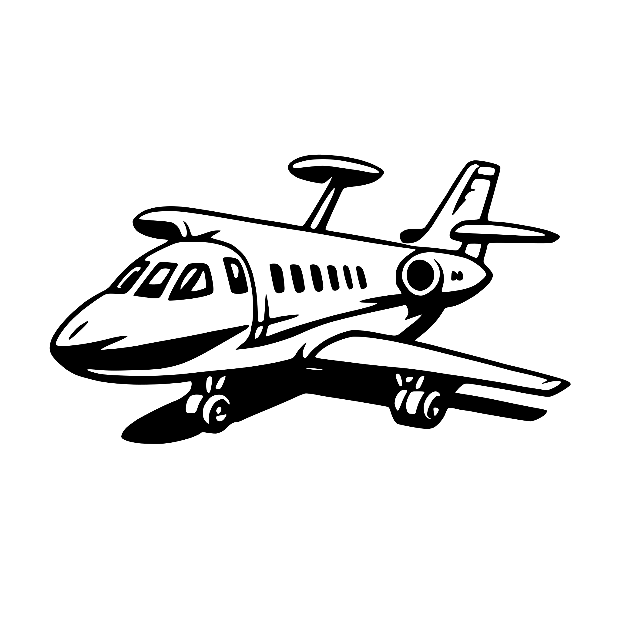 The SVG depicts a stylized, simplified representation of an airplane. The airplane is shown in a side view, with its nose pointing to the left and its tail pointing to the right. It has two wings, one on each side of the fuselage, and a tail fin at the rear. The airplane is equipped with a propeller at the front, suggesting it is a propeller-driven aircraft. The wheels are visible under the fuselage, indicating that the airplane is on the ground. The SVG is a vector graphic, which means it is composed of lines and shapes that can be scaled without losing quality. 