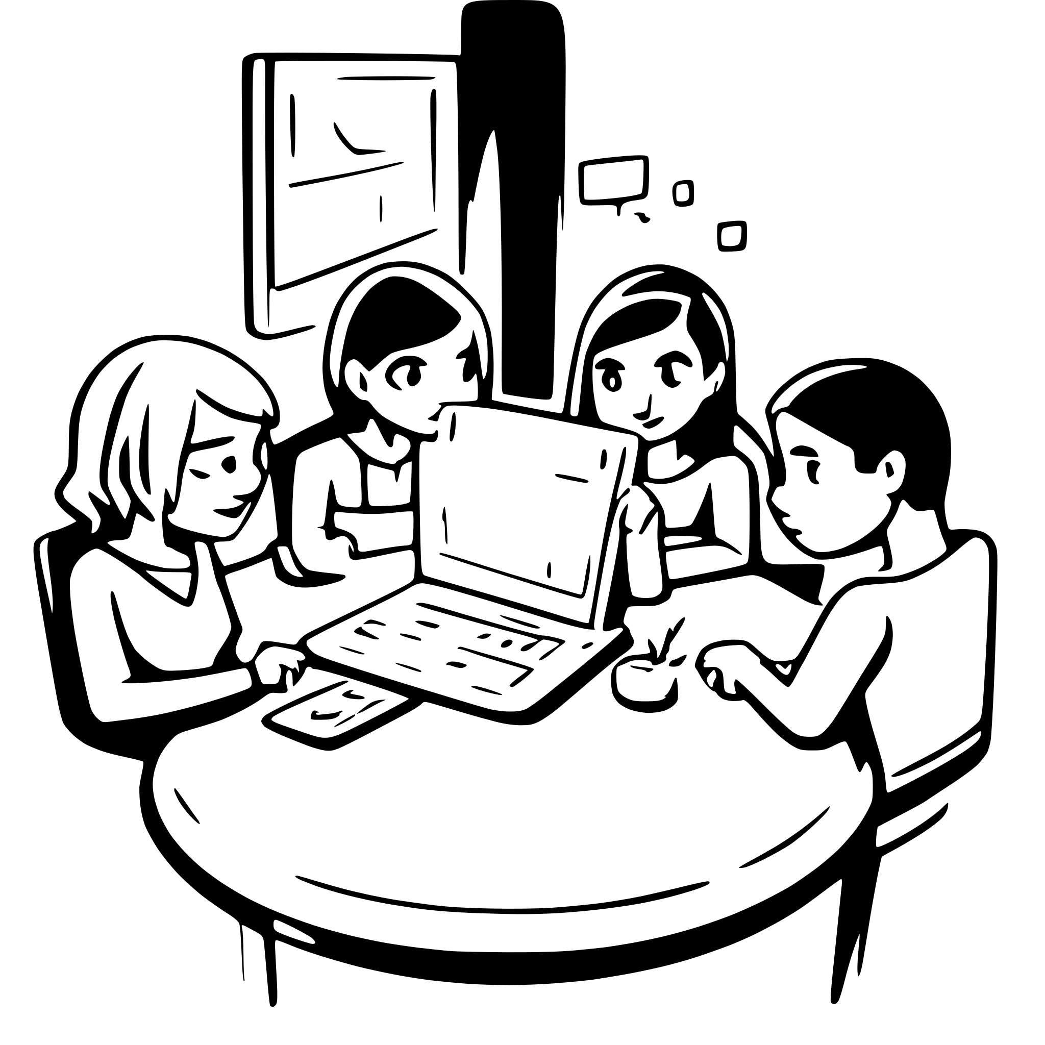 AI-generated SVG of 'A small group of people sitting around a wooden table, looking frustrated. One person holds their head, another stares at a laptop showing a chart with a downward slope. The room is dim, with plain walls and scattered papers.'