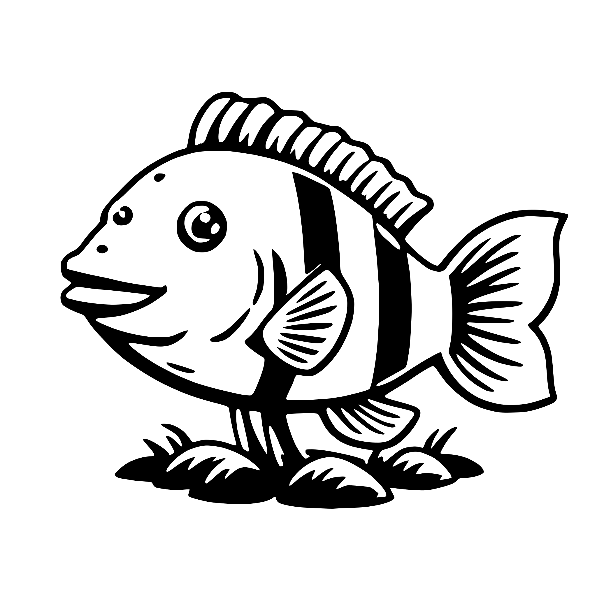 The SVG depicts a stylized cartoon fish. The fish has a large, round body with a prominent eye on the side of its head. It has a dorsal fin that runs along the top of its body, and a tail fin that is visible at the back. The fish is standing on two fins, which appear to be its pectoral fins, and it has a small, smiling mouth. The fish is also adorned with a striped pattern that runs along its body, and it is standing on a patch of grass. The SVG is simple and uses solid lines and shapes to create the appearance of the fish. 