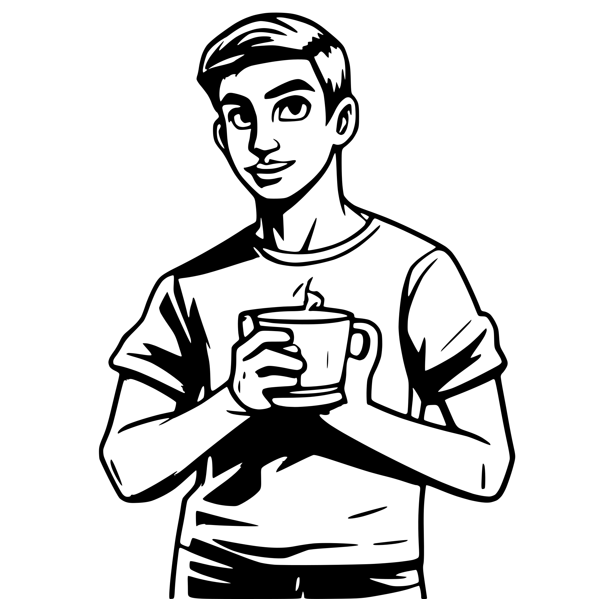 AI-generated SVG of a a guy upper body wearing a t-shirt holding a cup in one hand looking at the camera,colored
