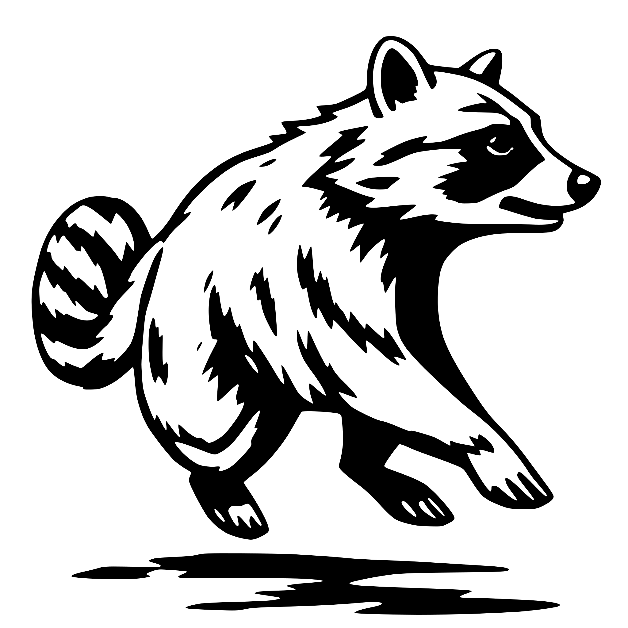 AI-generated SVG of a 2D outline of a racoon running, right profile, simple