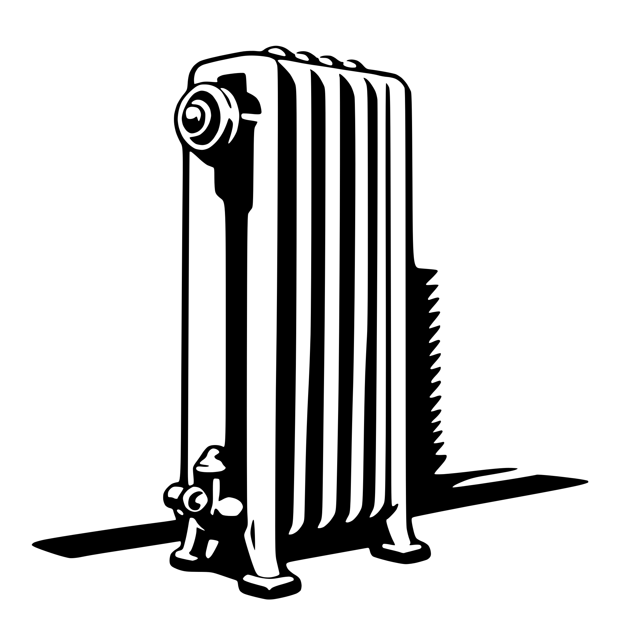 The SVG shows a simple line drawing of a vertical radiator against a plain background. The radiator has a series of horizontal ridges, a visible top and bottom, and a central vertical section with a smaller vertical element at the top. There are two circular elements at the bottom, which appear to be the base of the radiator. The radiator is casting a shadow to the right, indicating a light source from the left. The style is minimalistic and uses negative space to define the shape of the radiator. 