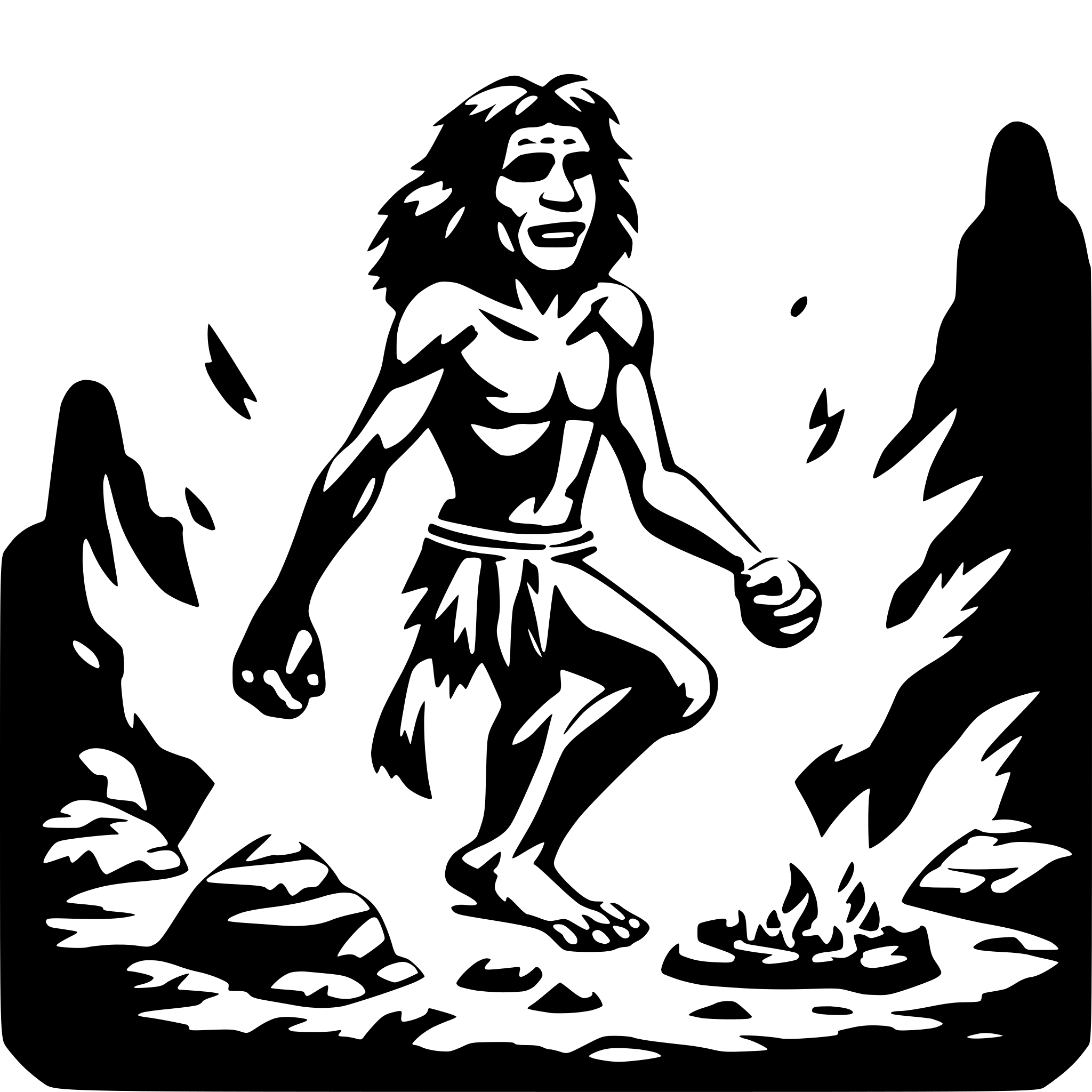 AI-generated SVG of a animated caveman dancing around a fire in a cave