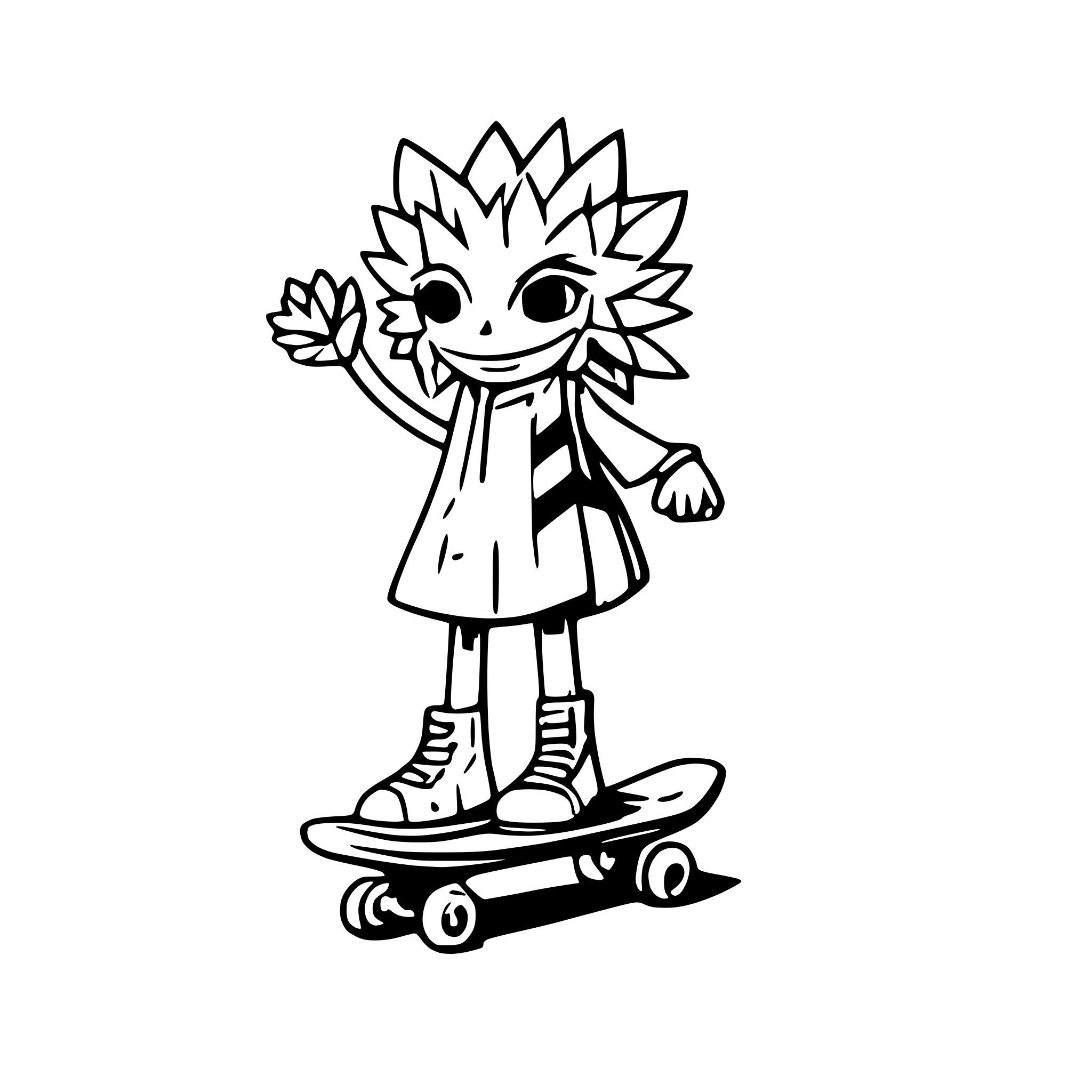 AI-generated SVG of a a tall sunflower character with his converse sneakers riding a skate board