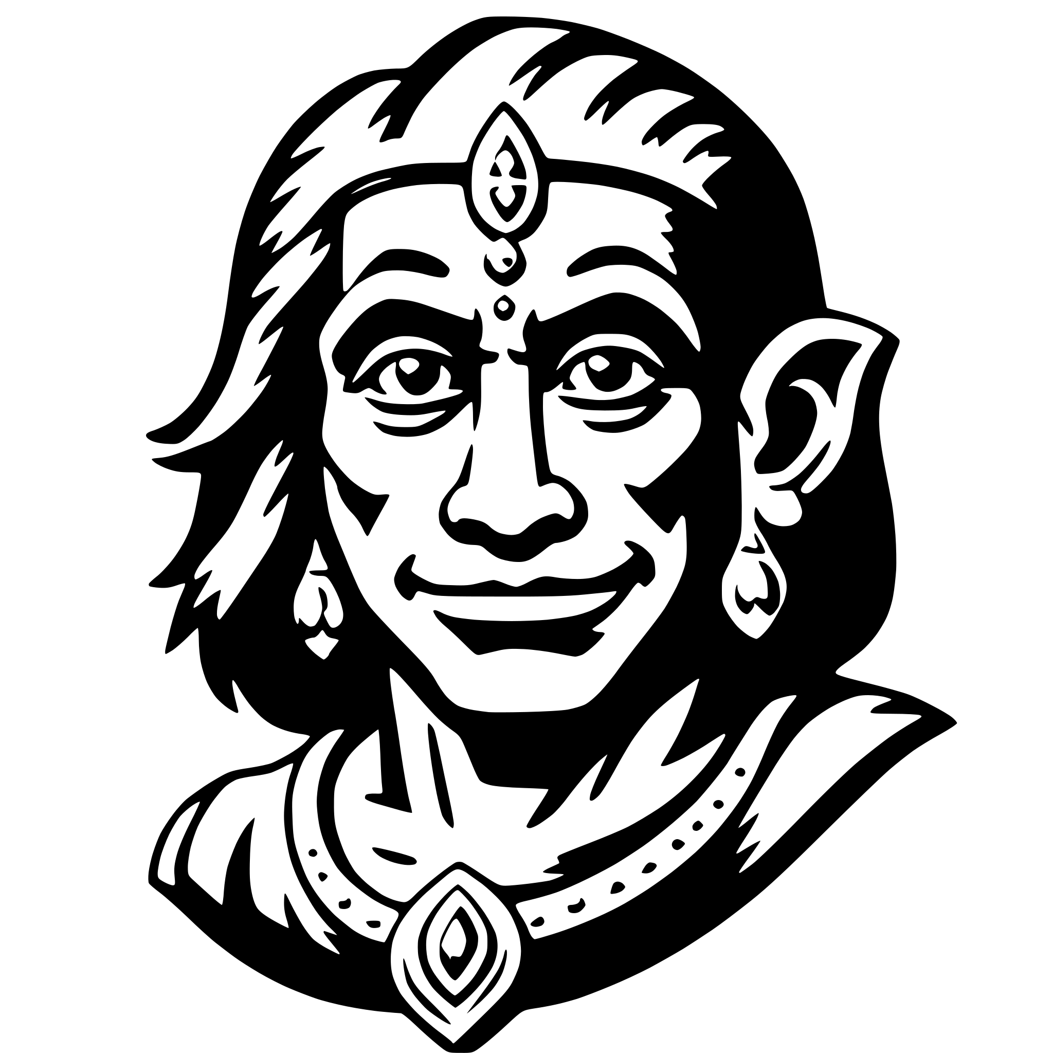 The SVG depicts a stylized portrait of a person with a serene expression. The individual has long, flowing hair and is adorned with a headpiece that features a prominent diamond-shaped jewel. The person is also wearing a necklace with a similar diamond-shaped pendant. The overall style of the SVG is reminiscent of traditional tribal or cultural art, with a modern twist due to the use of vector graphics. The SVG does not contain any text or additional objects, and the main focus is on the central figure. 