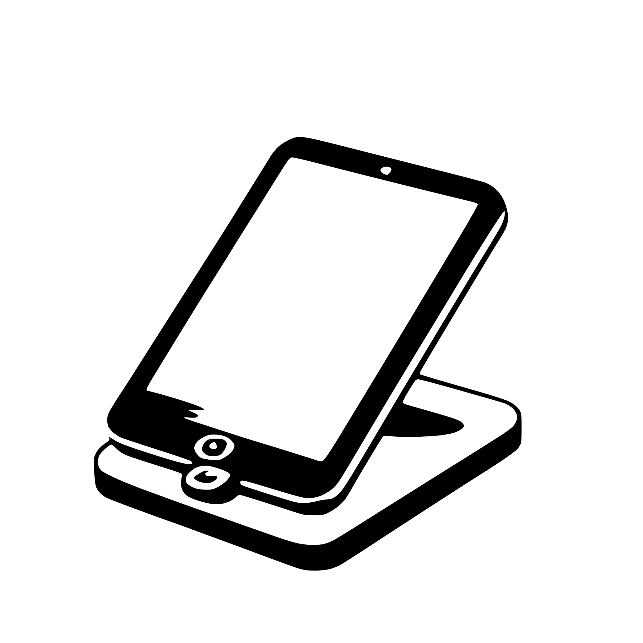 The SVG shows a stylized representation of a tablet computer. The tablet is depicted with a blank screen, suggesting it is turned off or in a locked state. It is placed on a stand that appears to be a simple, flat surface, possibly a charging dock or a standalone stand. The tablet and stand are both outlined in black, with no internal details or textures visible. The SVG is minimalistic and does not include any additional elements or background. 
