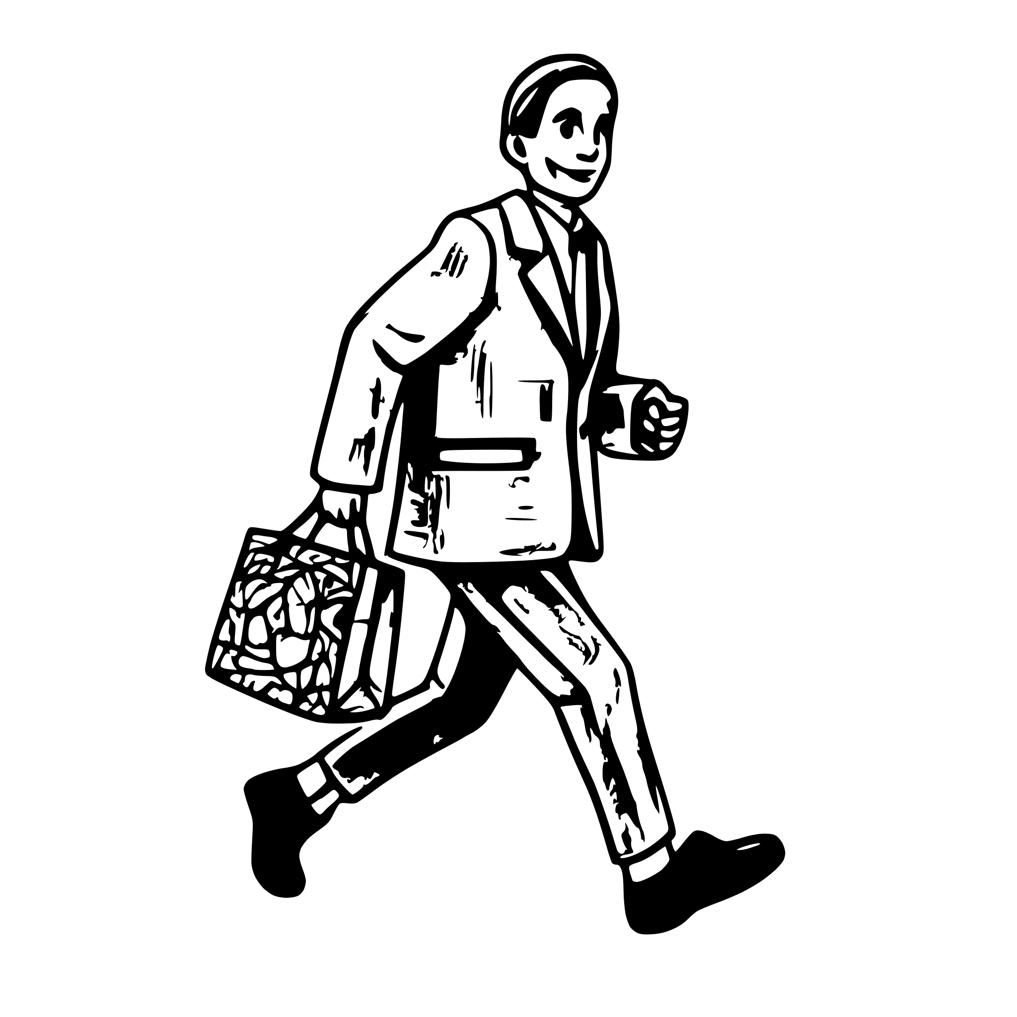 AI-generated SVG of 'A man in a tweed suit runing out, clutching a bag of coins in both hands. The coins themselves are not visible. You can see his whole body, including his shoes. He is turned sideways.'