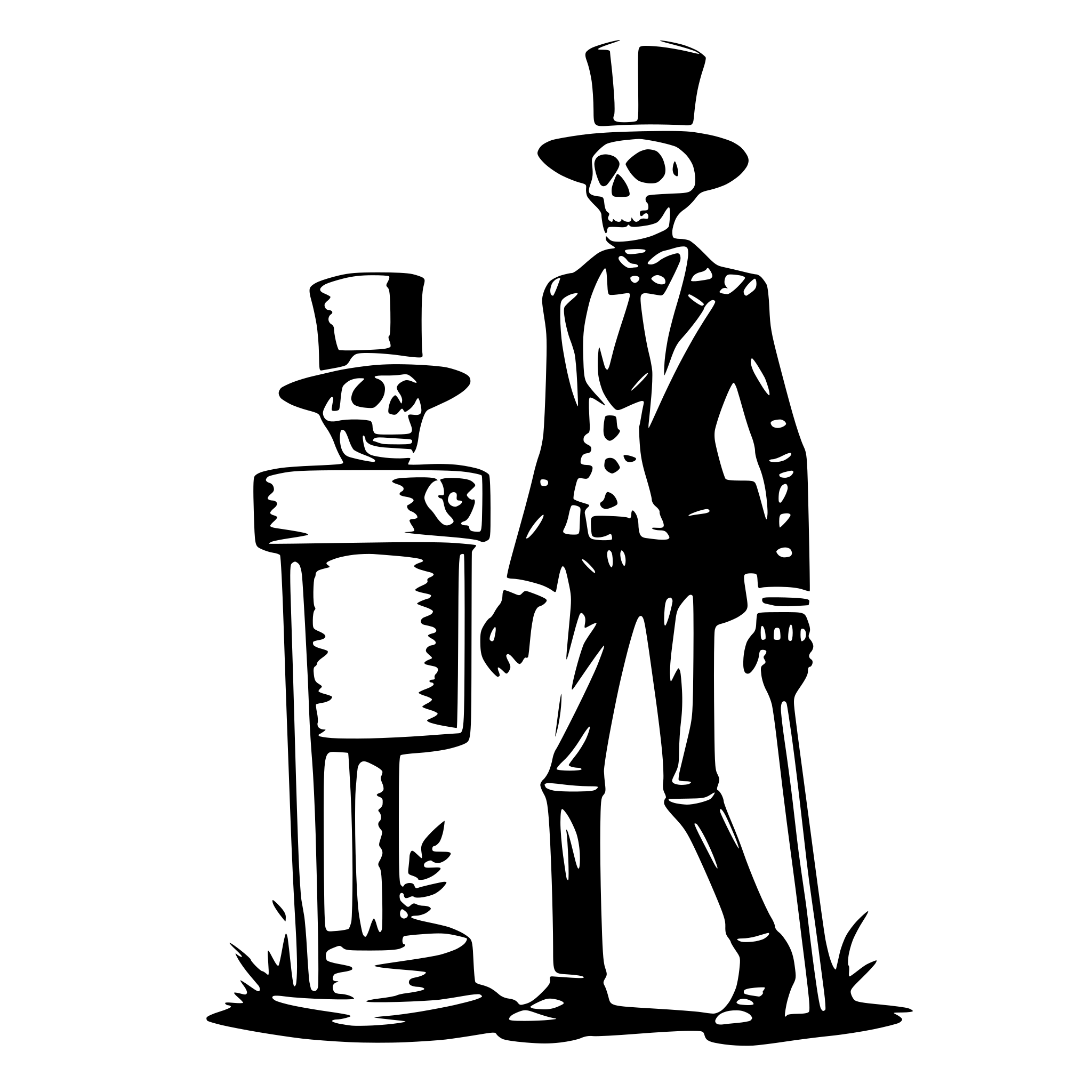 AI-generated SVG of a a skeleton with hat cylinder and a suits going with a ca for a walk AI-generated SVG of a a skeleton with hat cylinder and a suits going with a ca for a walk