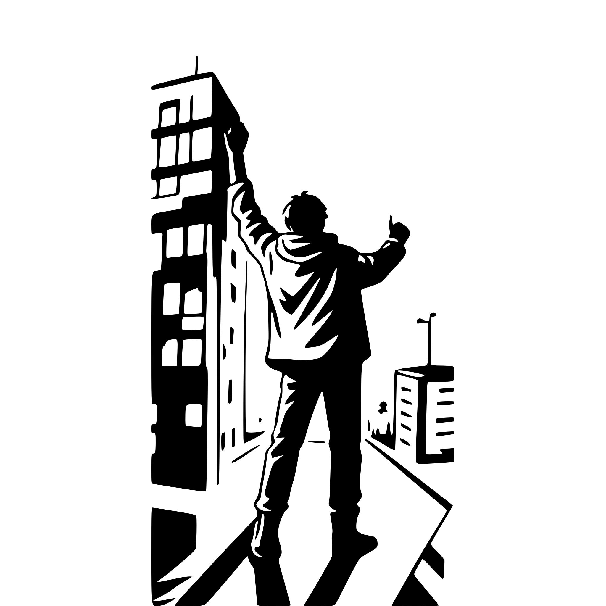 AI-generated SVG of a city on fire man standing on a rooftoop corner with back to camera and his fist raised in the air
