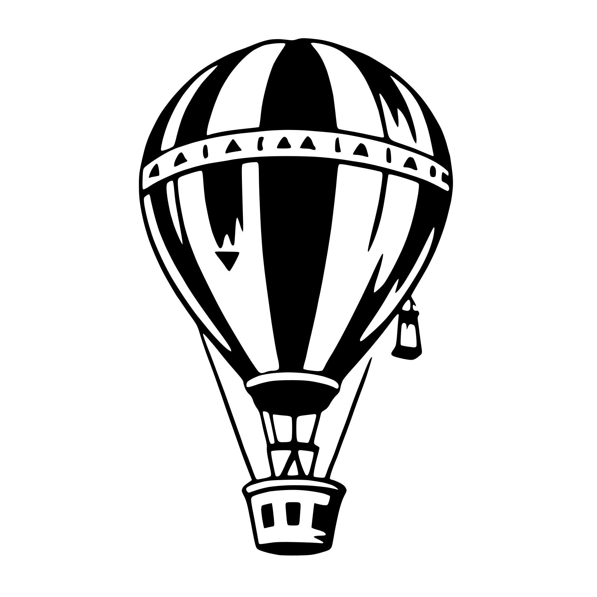 The SVG depicts a stylized black and white illustration of a balloon. The balloon has a cylindrical shape with a pointed top and a rounded bottom, and it features horizontal stripes. There are two small, triangular-shaped openings near the top of the balloon, which are likely meant to represent the mouth of the balloon. The balloon is floating in the air, as indicated by the thin line extending from the bottom of the balloon, which suggests a tether or string. The background is plain and does not provide any additional context or details. 