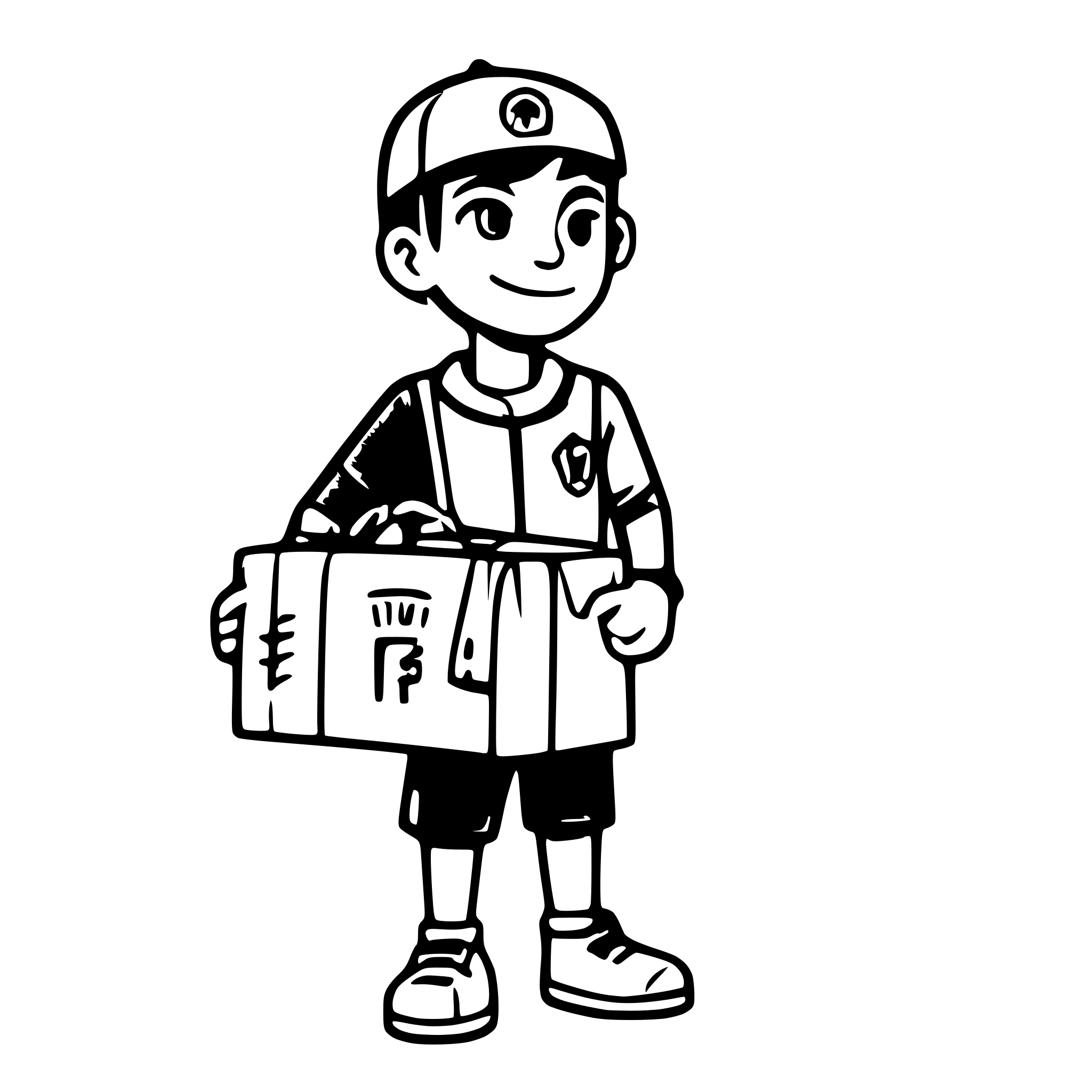 AI-generated SVG of a a cartoon boy,short bearded, wearing a  red  manchester united tracksuit and a yellow cap with the green letters F I U written on it, holding a package