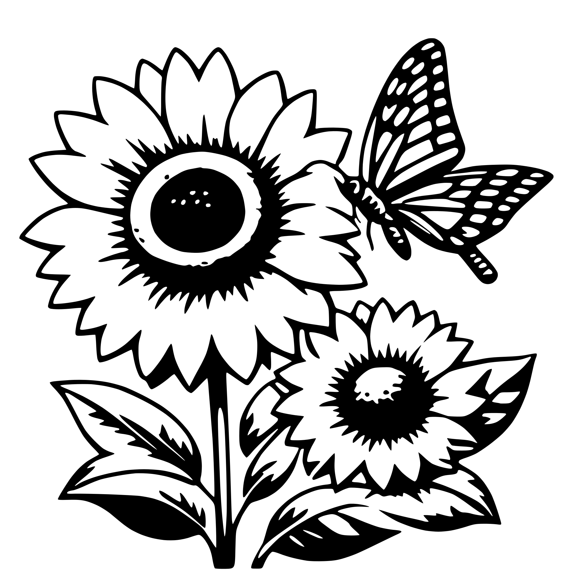 The SVG features a stylized illustration of a sunflower with a prominent, dark center and white petals, surrounded by green leaves. A butterfly with a patterned wing is depicted flying towards the sunflower, with its antennae extended as if it is about to land on the flower. The butterfly and the sunflower are the main objects in the SVG, and their interaction suggests a sense of life and movement, with the butterfly being attracted to the sunflower. 