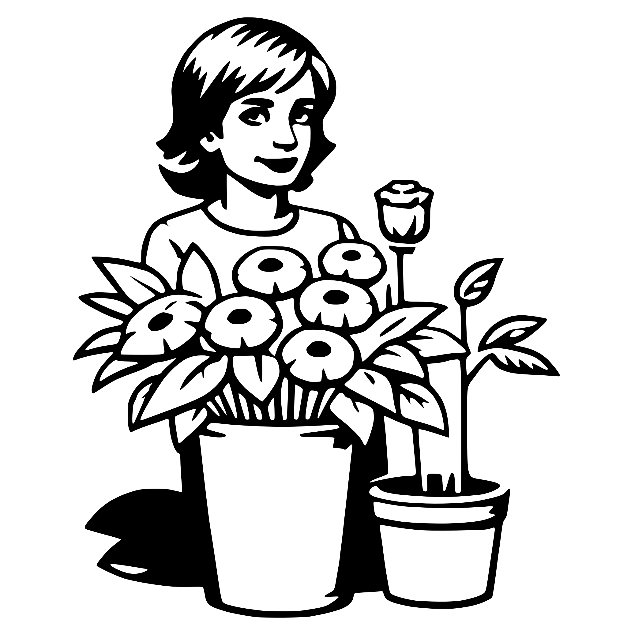 The SVG features a stylized illustration of a woman sitting with a potted plant on her lap. The plant has a vase-like shape and is adorned with a rose and a small plant with green leaves. The woman appears to be smiling and is holding the plant with both hands. The overall style is simple and cartoonish, with solid black outlines and no shading or coloring. 