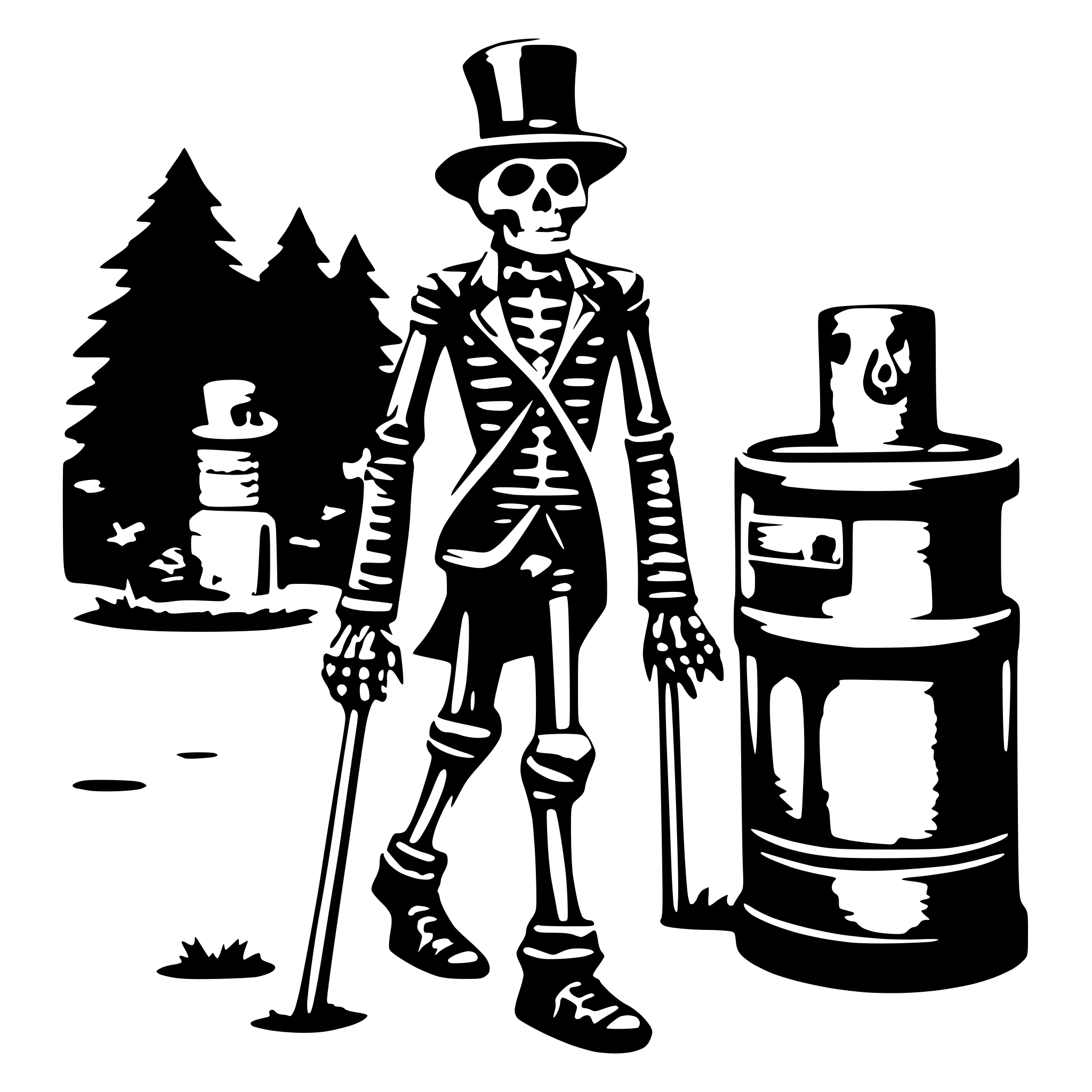 AI-generated SVG of 'a skeleton with hat cylinder and a suits going with a ca for a walk'