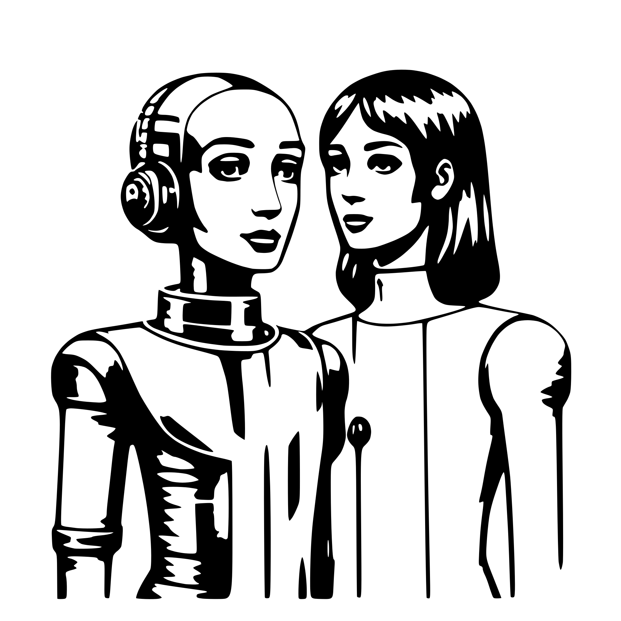 AI-generated SVG of 'couple of Artificial Intelligence humans standing on front of each other contacting wireless'