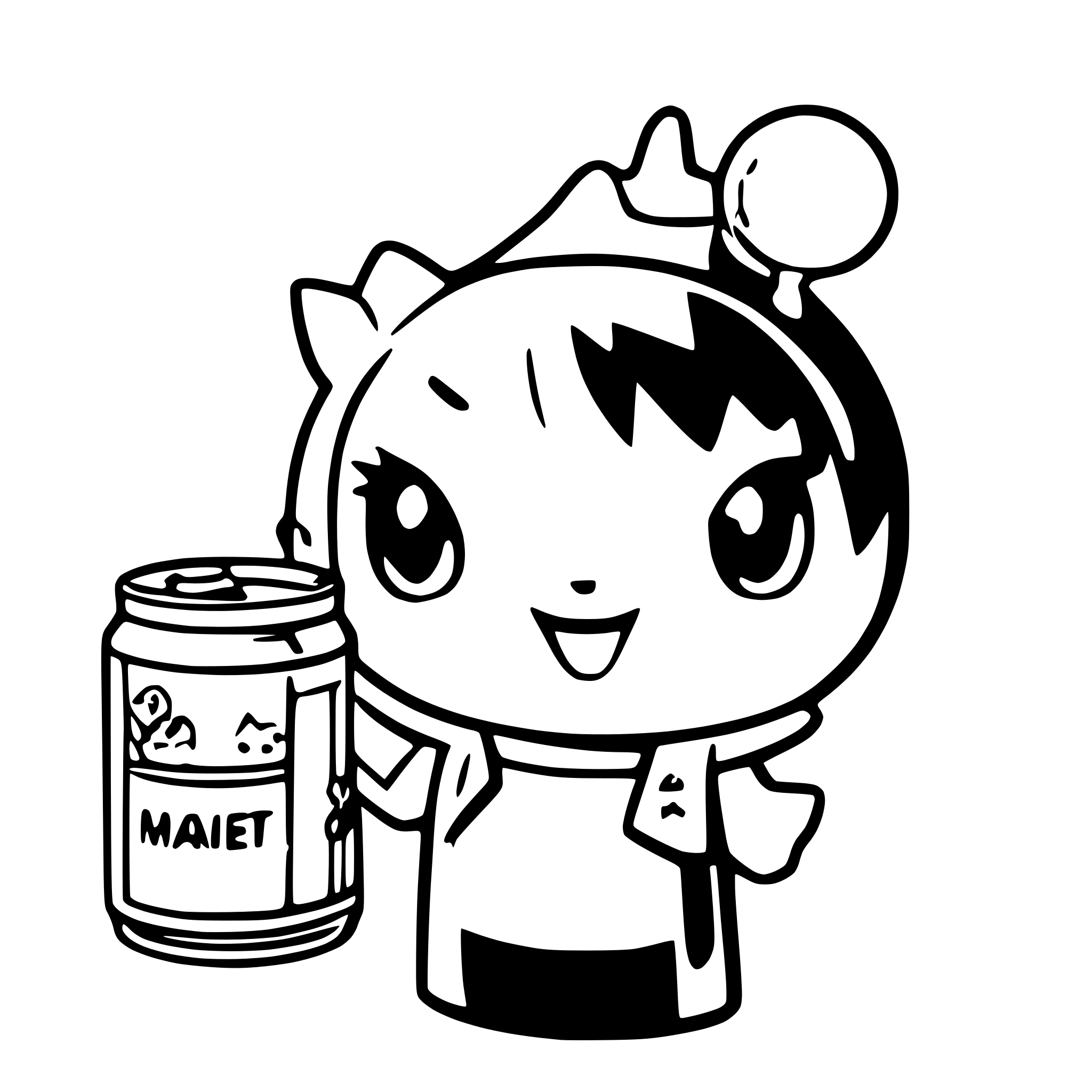 AI-generated SVG of a a kawaii tuna can is offering a bottle of beer with its hands. A bubble says 