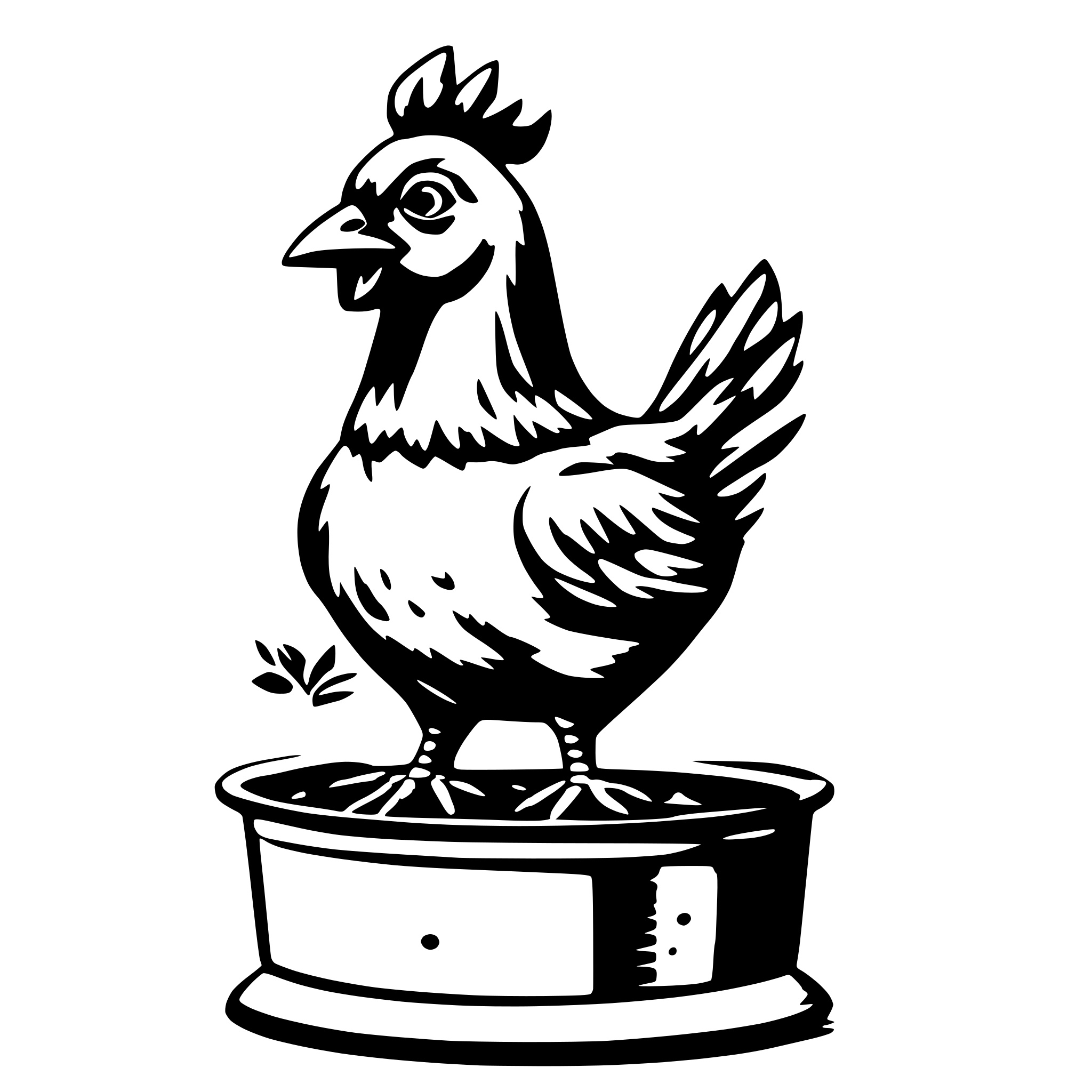 AI-generated SVG of 'A chicken coming out of a casserole with the lid of the casserole on its head'