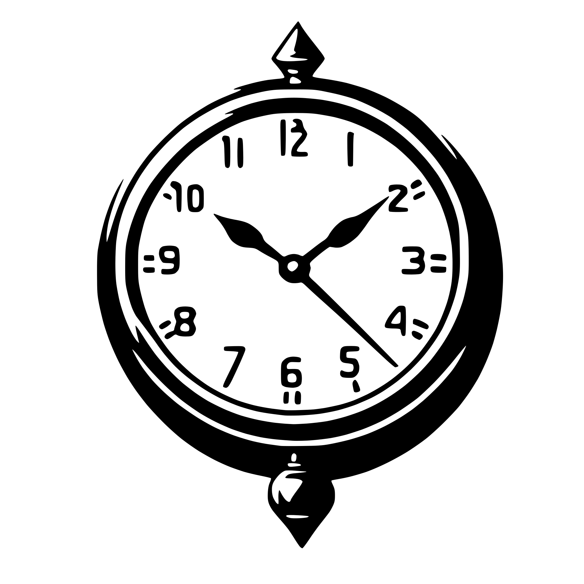 The SVG shows a simple, black and white clock face with Roman numerals for the hours. The clock hands are also black, indicating the time. The clock has a decorative border and a small, pointed finial at the top. The numbers are arranged in a standard clock layout, with the 12 at the top, and the numbers decreasing in size as they move towards the bottom. The hands of the clock are positioned to show a time of approximately 1:20. The style of the SVG is minimalistic and graphic, with no additional details or embellishments. 