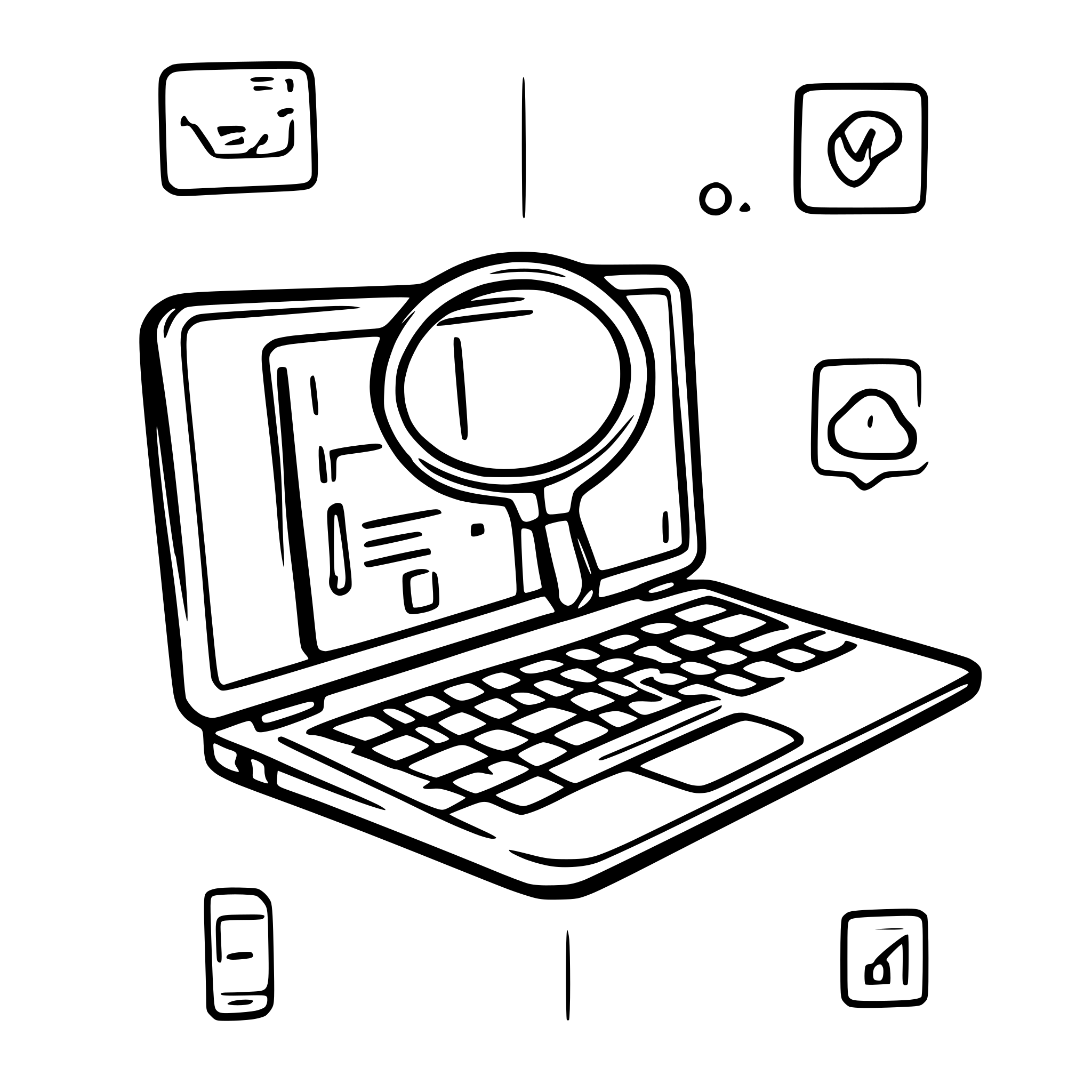 AI-generated SVG of 'A laptop displaying the SUBI dashboard, highlighting metrics like DSCR, ROI, and Payback Period. Surround the laptop with icons of a magnifying glass (analysis), handshake (negotiation), and clipboard (document generation).'