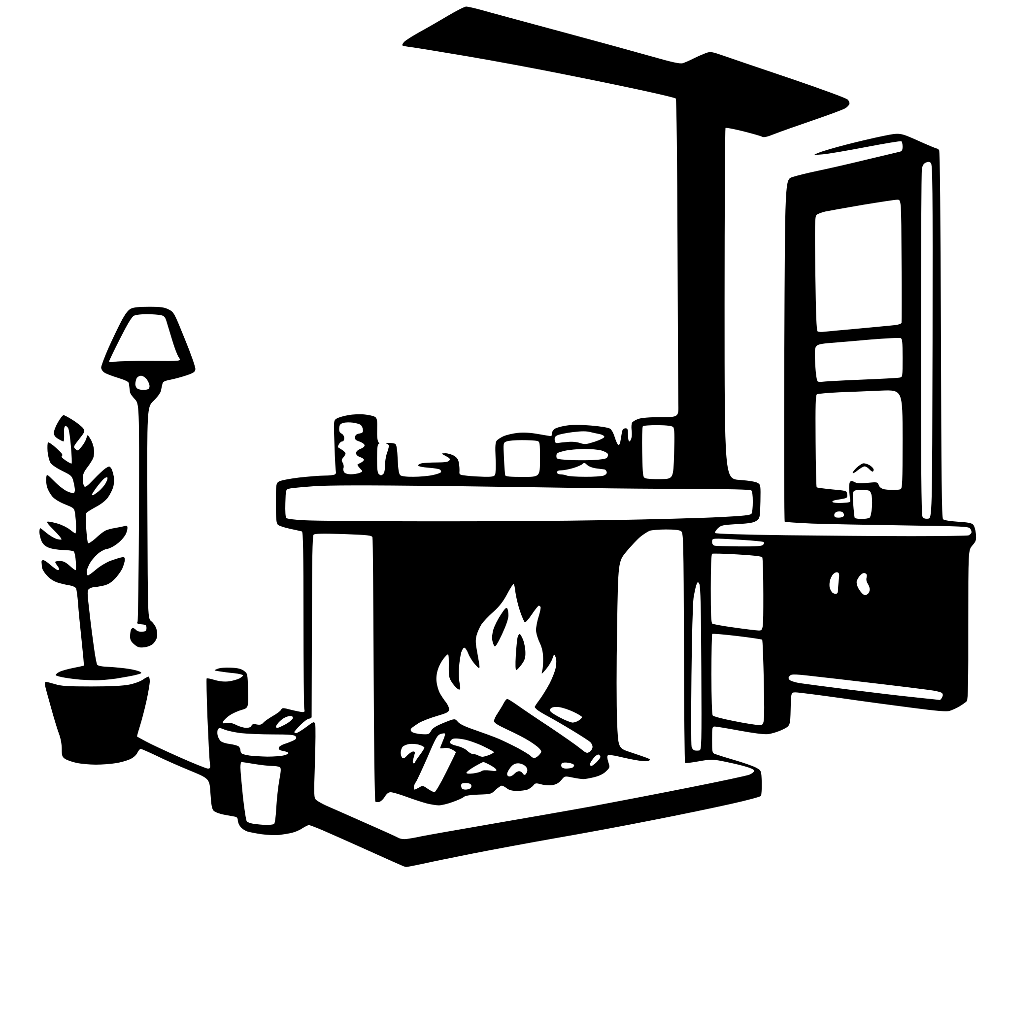 The SVG depicts a simple, stylized interior scene. The main objects include a fireplace with a fire burning, a mantel above it, a lamp to the left, a plant to the right, a cabinet or sideboard to the right, and a mirror above it. The fireplace is the central focus, with the other elements arranged around it. The lamp and plant are on the floor, while the cabinet and mirror are on a wall. The fireplace and mantel are on a lower level, suggesting a cozy and warm atmosphere. The overall style is minimalistic and cartoon-like, with solid black outlines and no shading or coloring. 