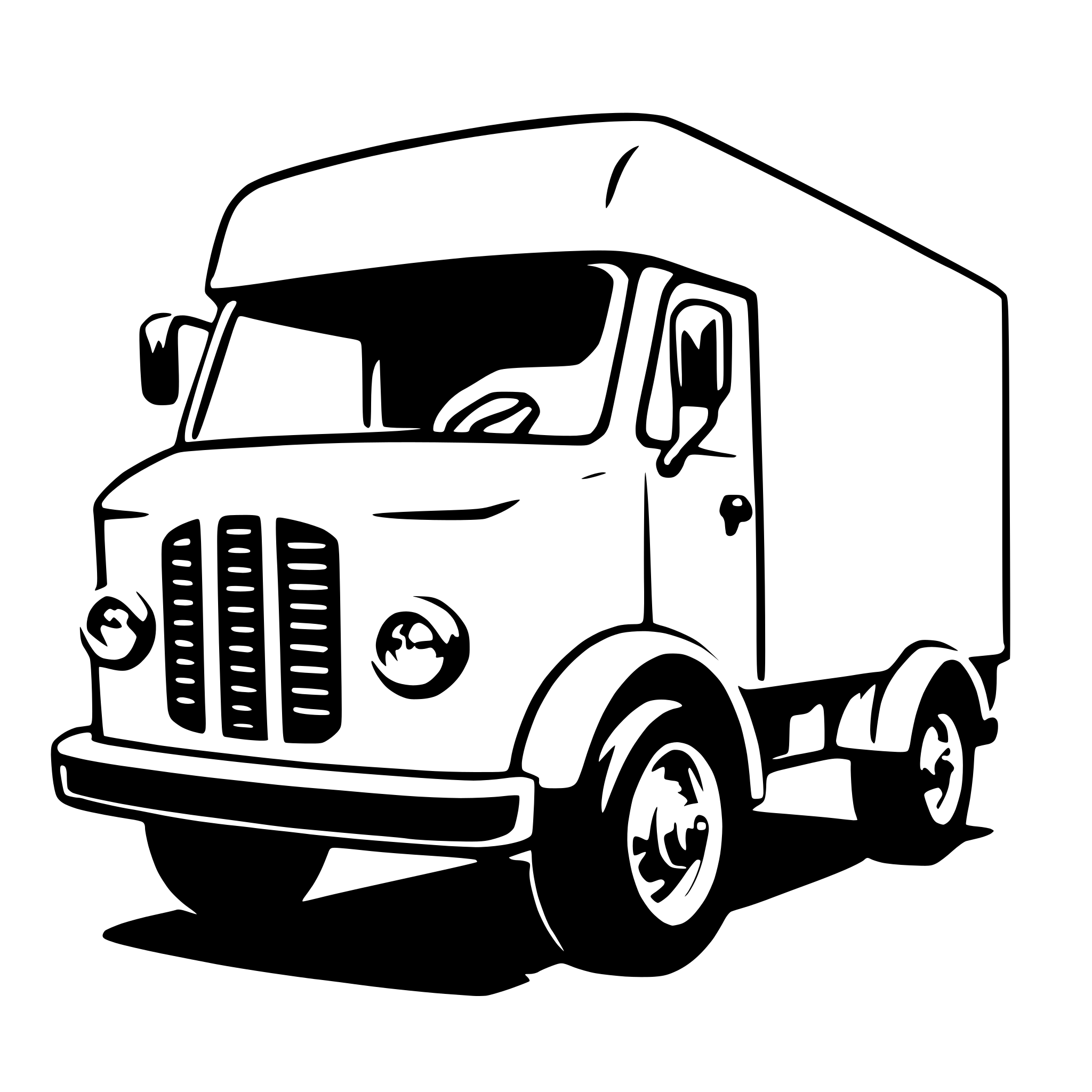 The SVG depicts a simple line drawing of a truck. The truck has a rectangular cab with a rounded front, a flat roof, and a large, rectangular cargo area. It has two visible wheels, one at the front and one at the rear. The front of the truck features a grille with vertical bars, and there are two headlights on either side of the grille. The truck's windows are represented by rectangles, and there is a visible side mirror on the driver's side. The truck is shown in a three-quarter view, with the front slightly angled to the left. There are no visible texts or additional elements in the SVG. 
