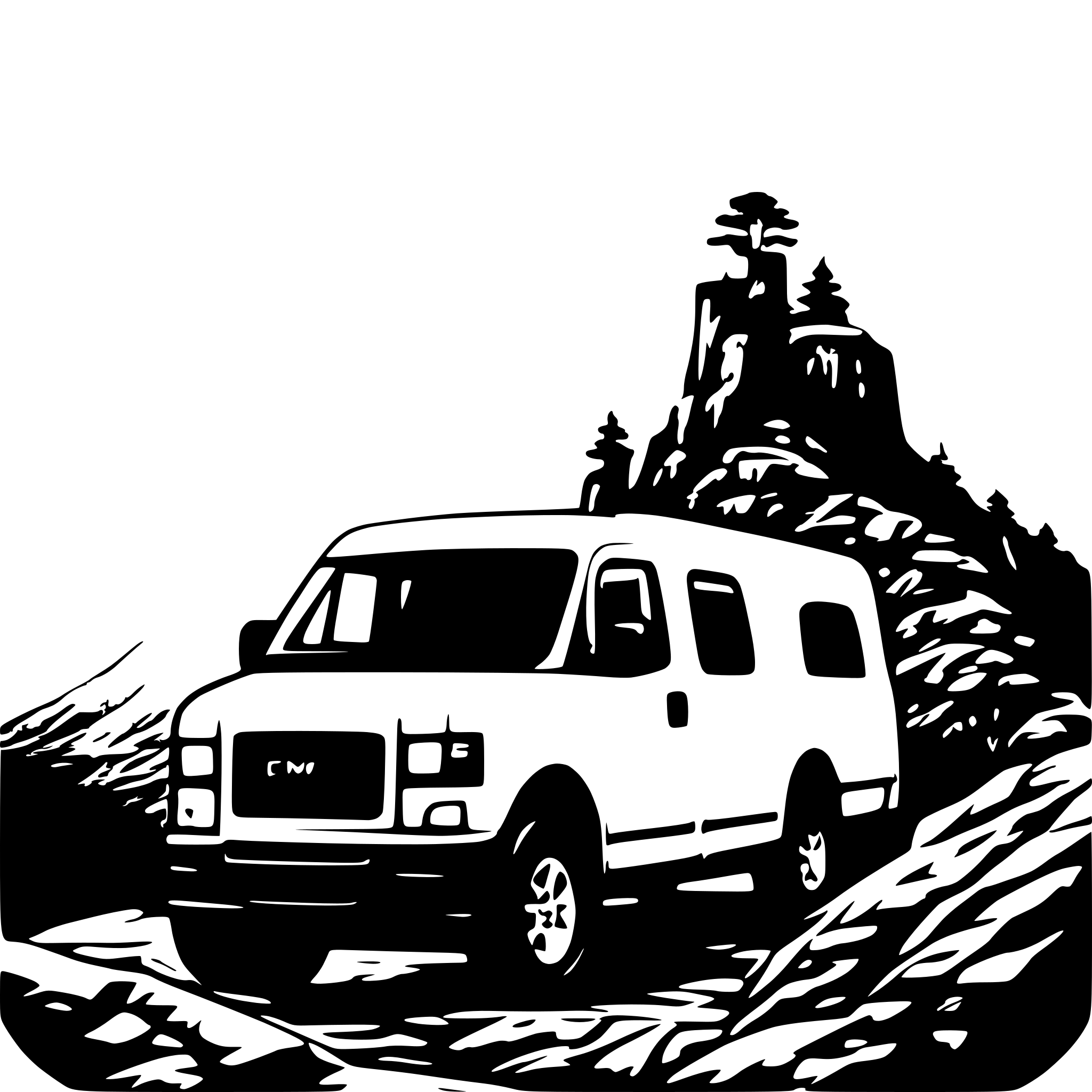AI-generated SVG of a GMC savana on cliff peak with a beautiful valley below low angle view