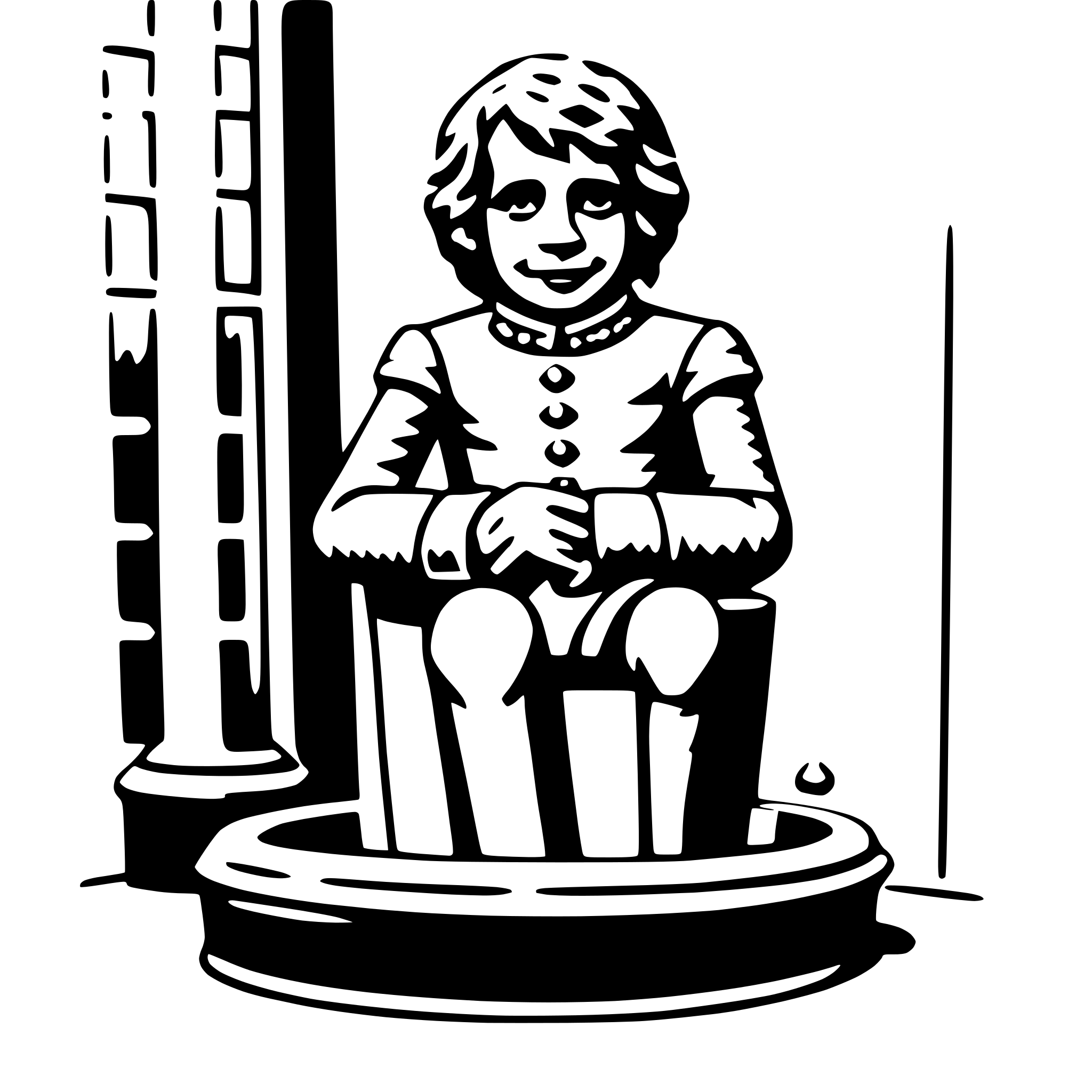 The SVG depicts a cartoon-style illustration of a young boy sitting on a pedestal. The boy is wearing a long-sleeved shirt with a collar and a tie, suggesting a formal or historical attire. He has short hair and is smiling. The pedestal has a rounded top and is placed on a flat surface. In the background, there is a column with a decorative pattern, which adds to the classical or historical theme of the illustration. The boy appears to be the central figure, and the column in the background provides context for the setting. The SVG does not contain any text. 