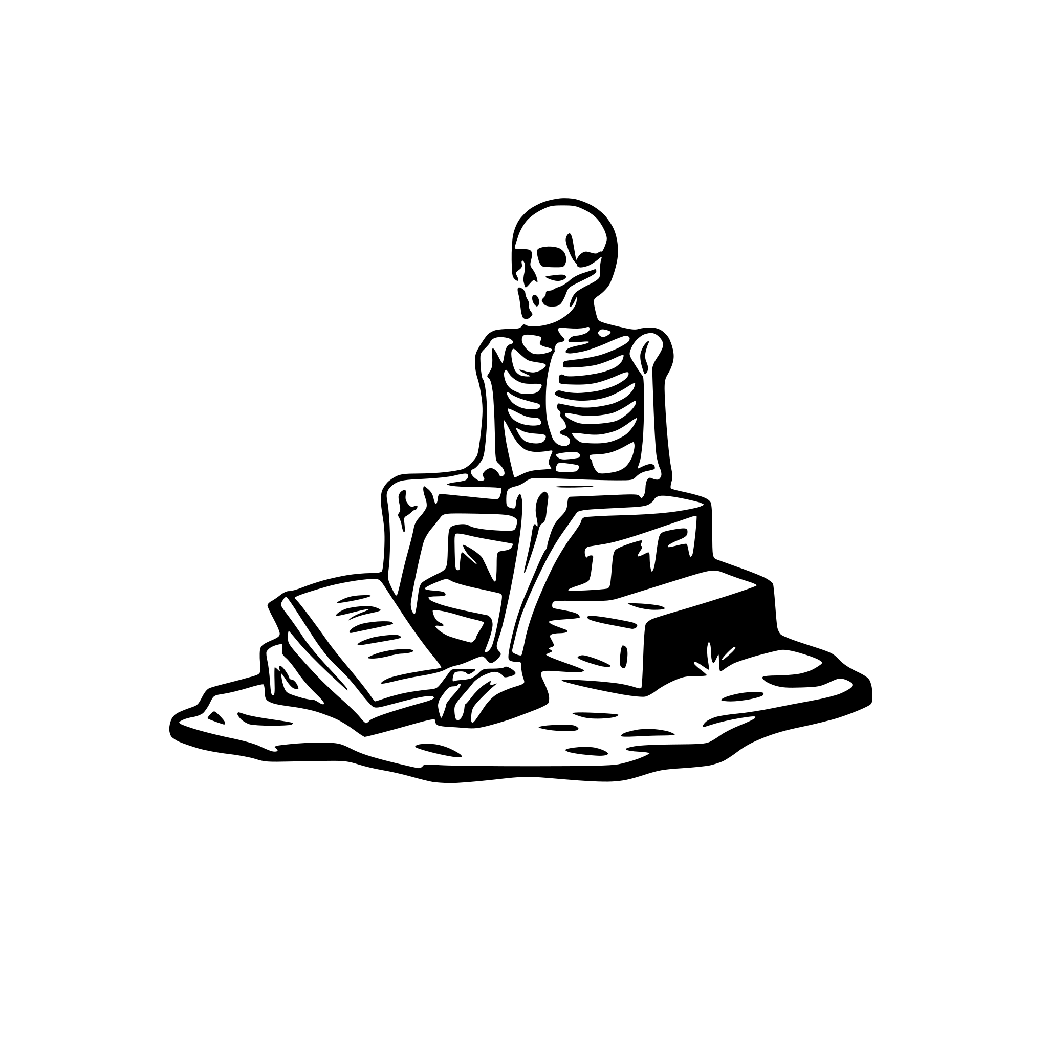 AI-generated SVG of a a skeleton sitting on a grave an reading