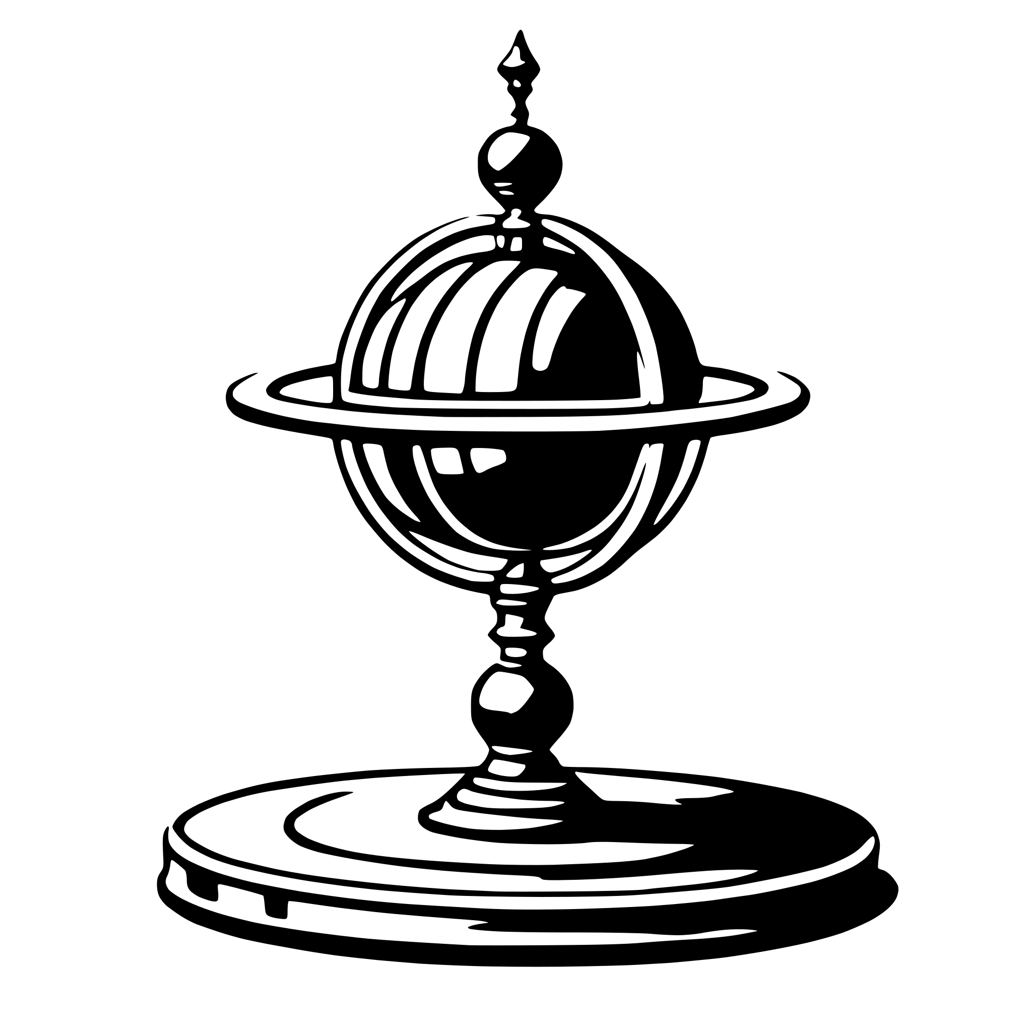 The SVG depicts a classical-style globe mounted on a stand. The globe is spherical with latitude and longitude lines, and it is positioned on a circular base that appears to be a pedestal. The stand has a decorative top with a finial, and there are two vertical supports that flank the globe. The overall design suggests a piece of decorative furniture, possibly a table or a desk, with a functional globe as its centerpiece. 