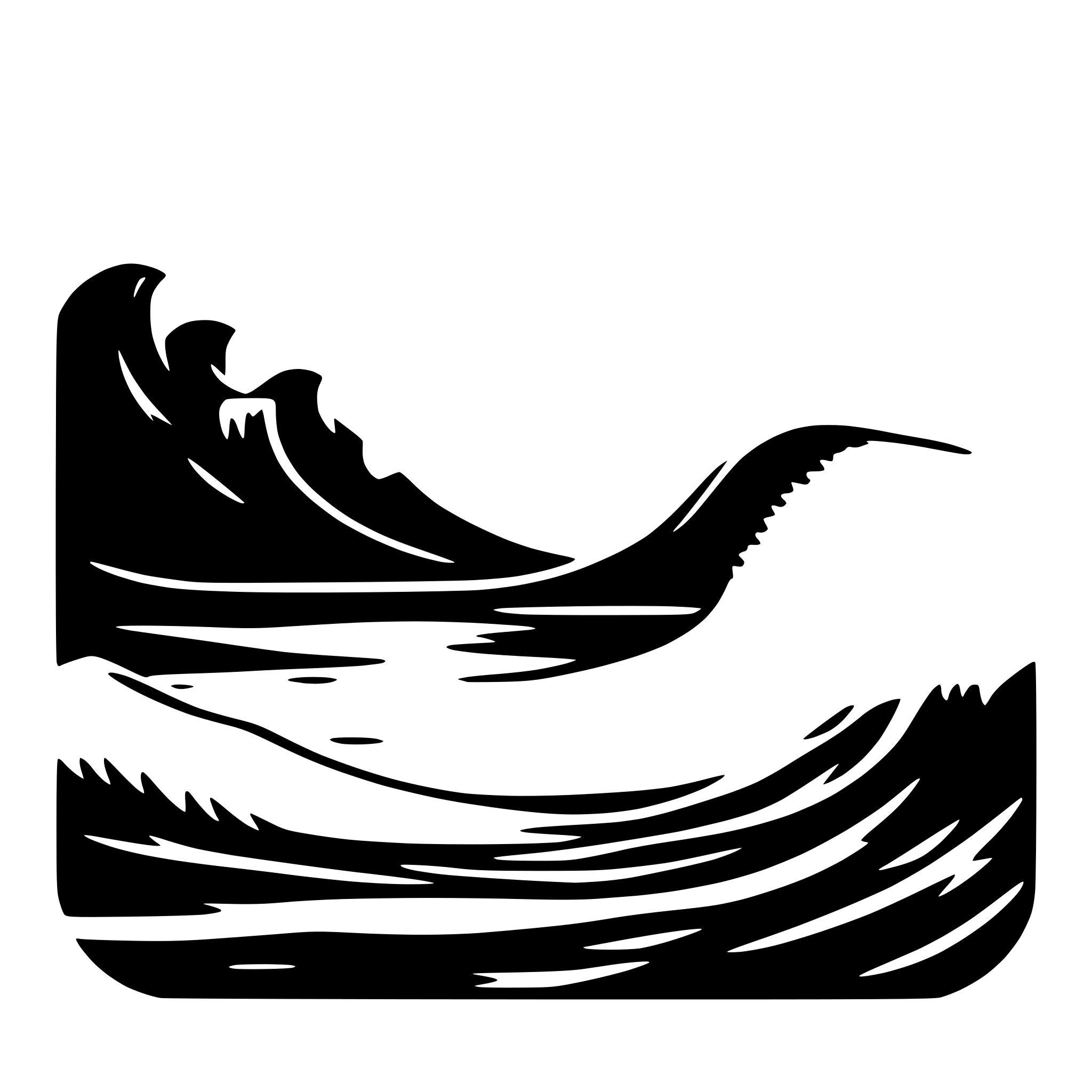 The SVG depicts a stylized graphic of a wave. The wave is composed of a series of curved lines that represent the crest and trough of the wave, with the crest being the highest point and the trough being the lowest point. The wave appears to be in motion, with the crest curling over as if it is breaking. The graphic is simple and abstract, with no additional details or objects. The wave is the central focus of the SVG, and there is no interaction between objects as it is a single, self-contained graphic. 