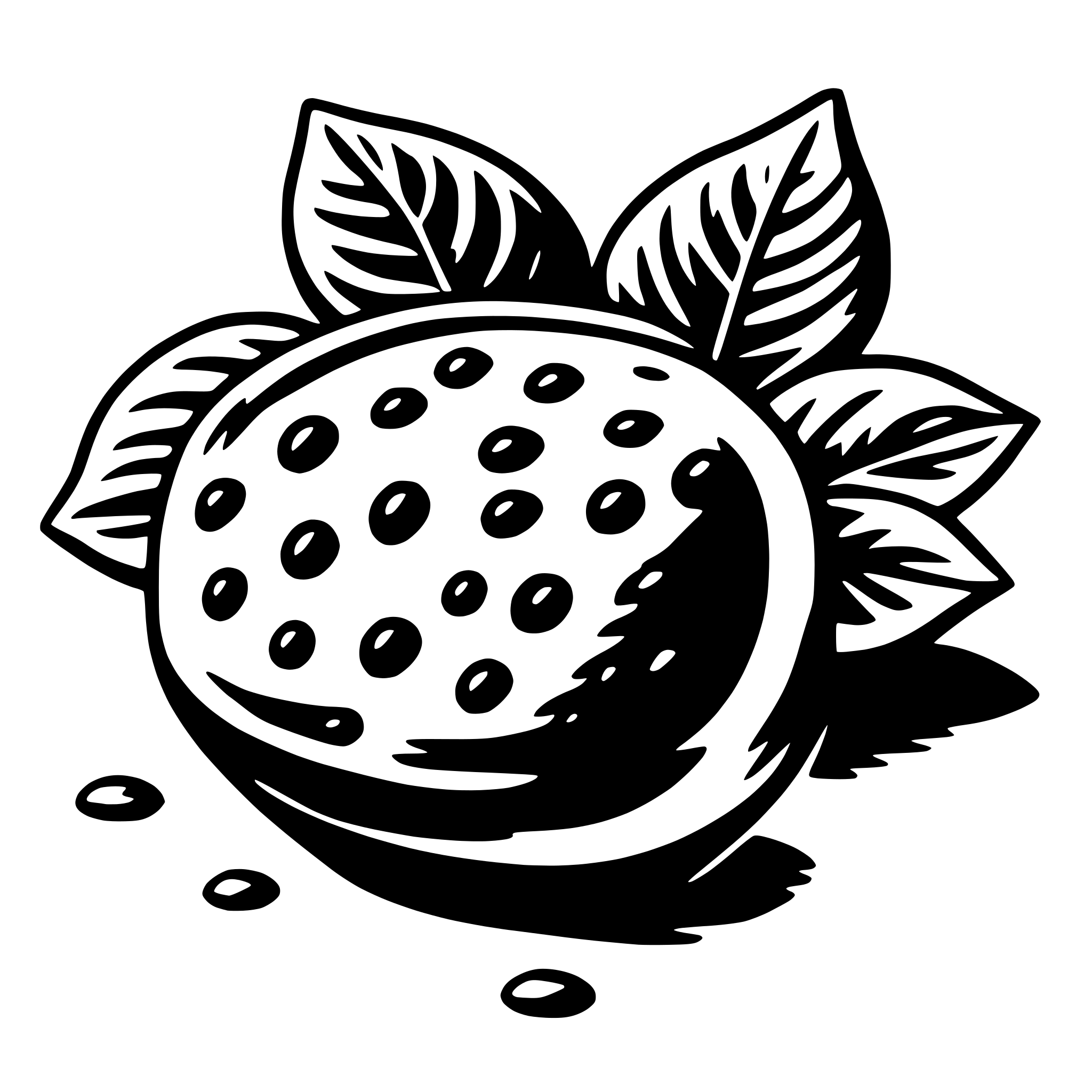 The SVG depicts a stylized illustration of a fruit, possibly a berry or a small citrus fruit, with a textured surface that suggests a natural, possibly organic, pattern. The fruit is surrounded by green leaves with a detailed vein pattern, and there are small droplets or drops of water or juice around the base of the fruit, indicating freshness or a recent harvest. The style is simple and graphic, with solid black lines and no shading, giving it a clean and modern appearance. 