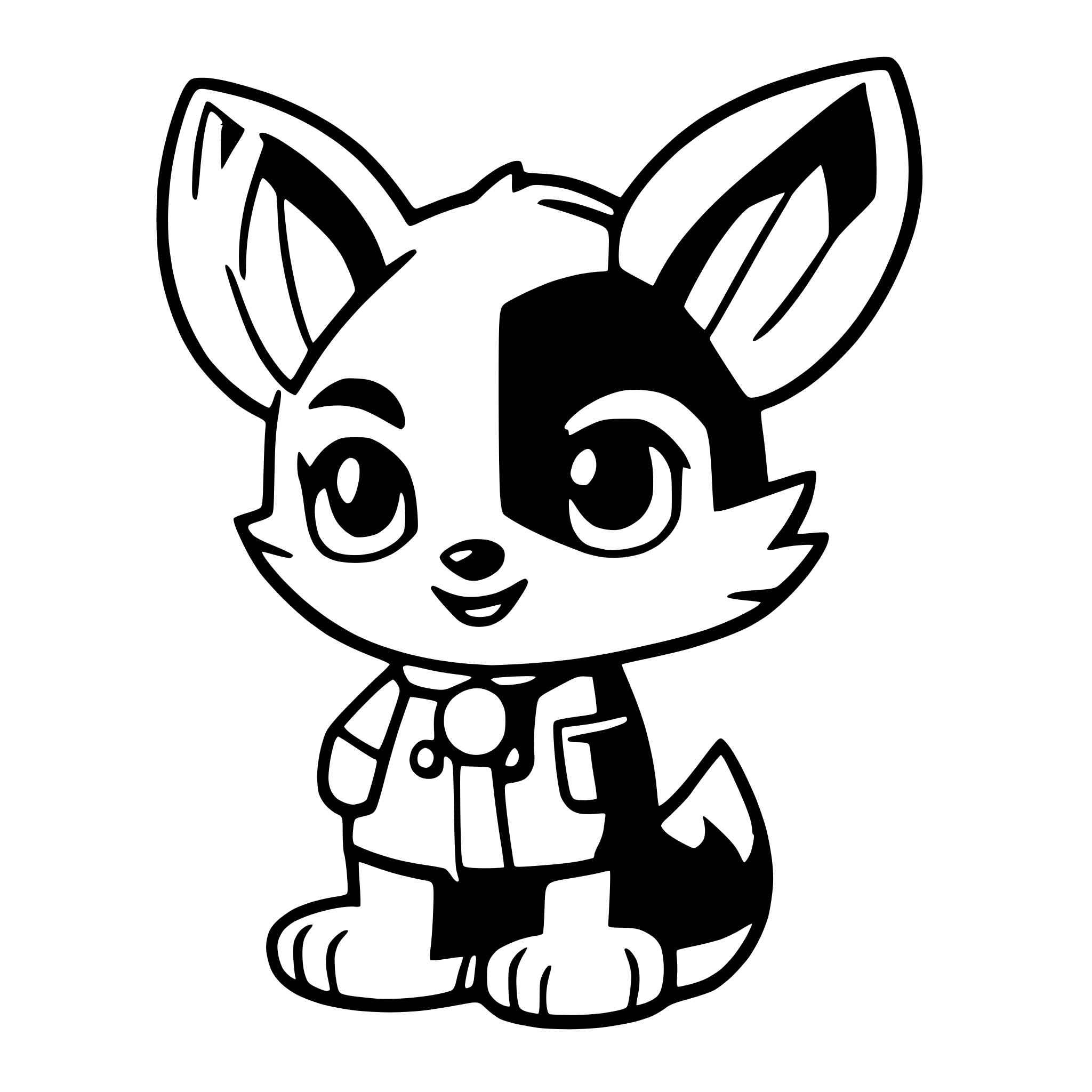 AI-generated SVG of a baby fox wearing clothes outside, line drawing, black and white, Coloring Page, black and white, line art, white background, Simplicity, Ample White Space. The background of the coloring page is plain white to make it easy for young children to color within the lines.