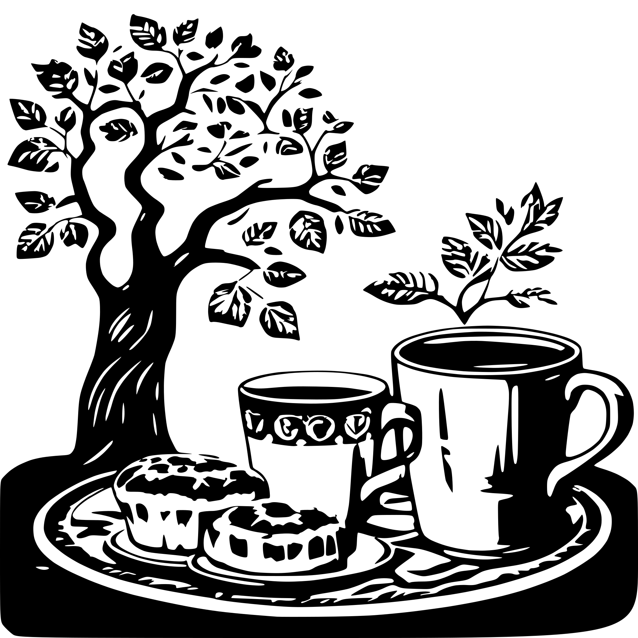 AI-generated SVG of a Coffee cinnamonbun swedish forrest love eating together cup with tree and cookie tray camping scandinacian Norway dalamotiv rosemaling text fika one cup with flowers