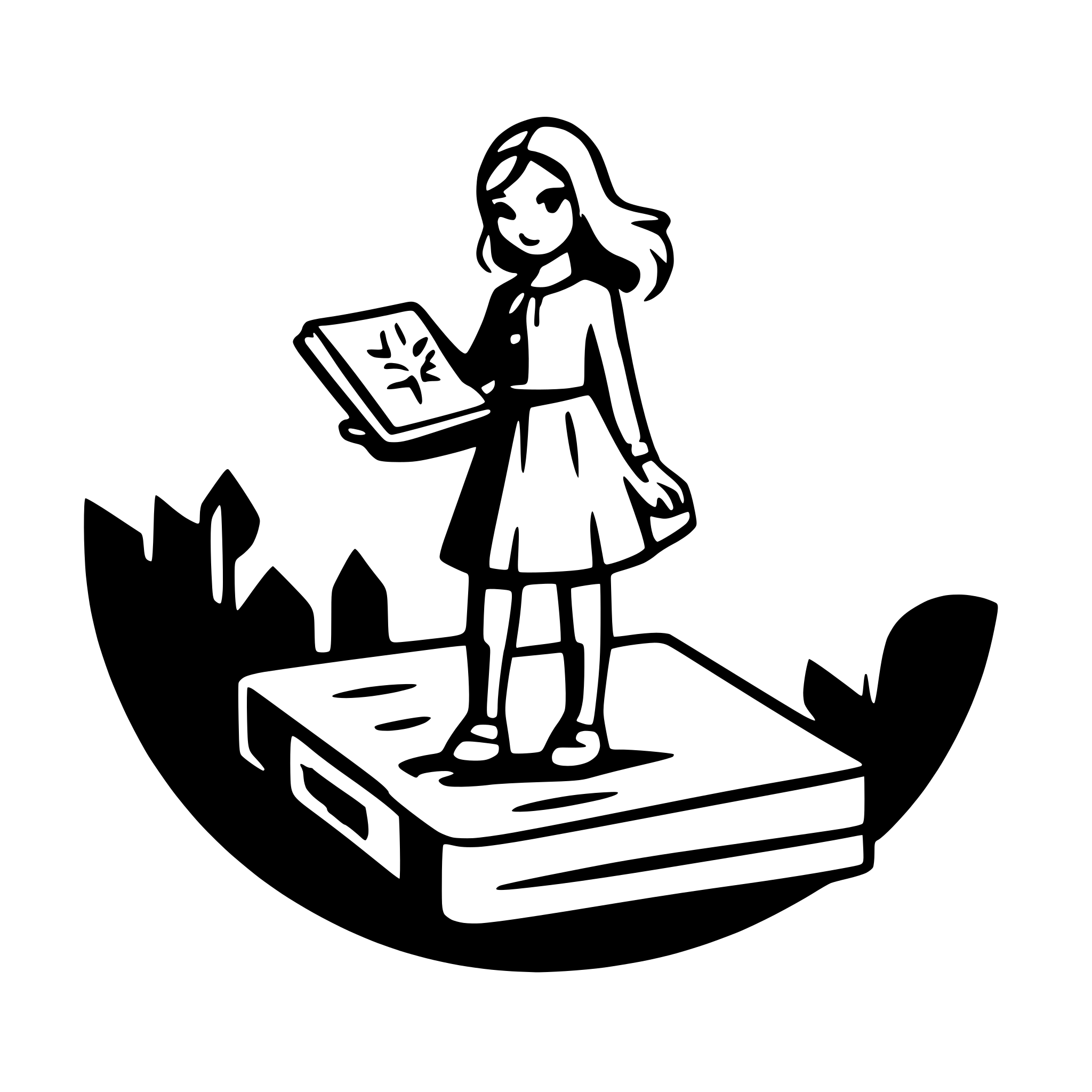 AI-generated SVG of 'a heroine holding a sward standing on top of a huge opened book, light like a sun over book'