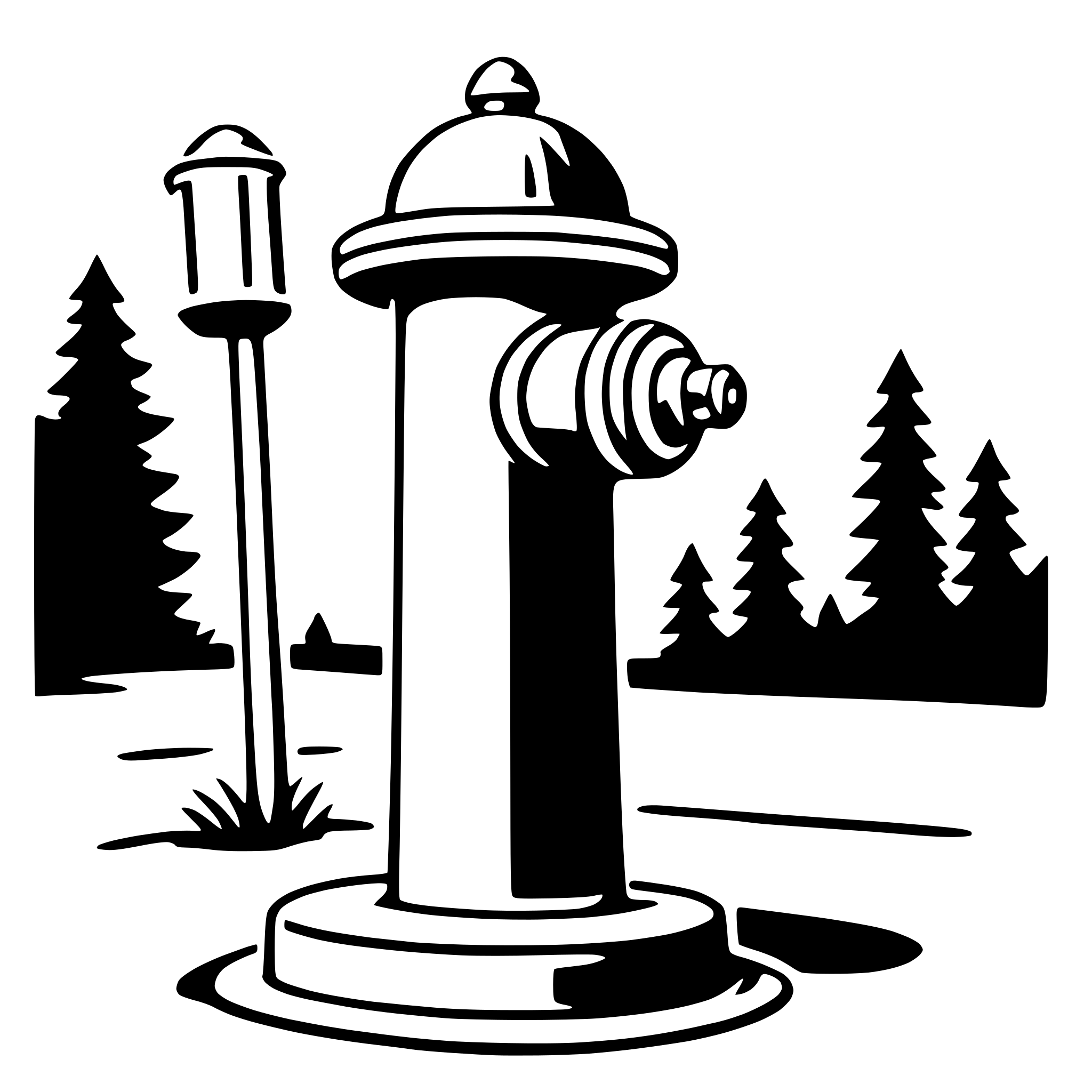 The SVG depicts a black and white illustration of a fire hydrant and a street lamp. The fire hydrant is positioned on the right side of the SVG, with its cap on top and a chain hanging from the side. It is situated on a base that appears to be a concrete slab. To the left of the fire hydrant, there is a street lamp with a curved top and a vertical pole. The background of the SVG features a simplified silhouette of trees and a clear sky, suggesting an outdoor setting. The fire hydrant and street lamp are the main objects in the SVG, and there is no direct interaction between them; they are simply placed next to each other. 