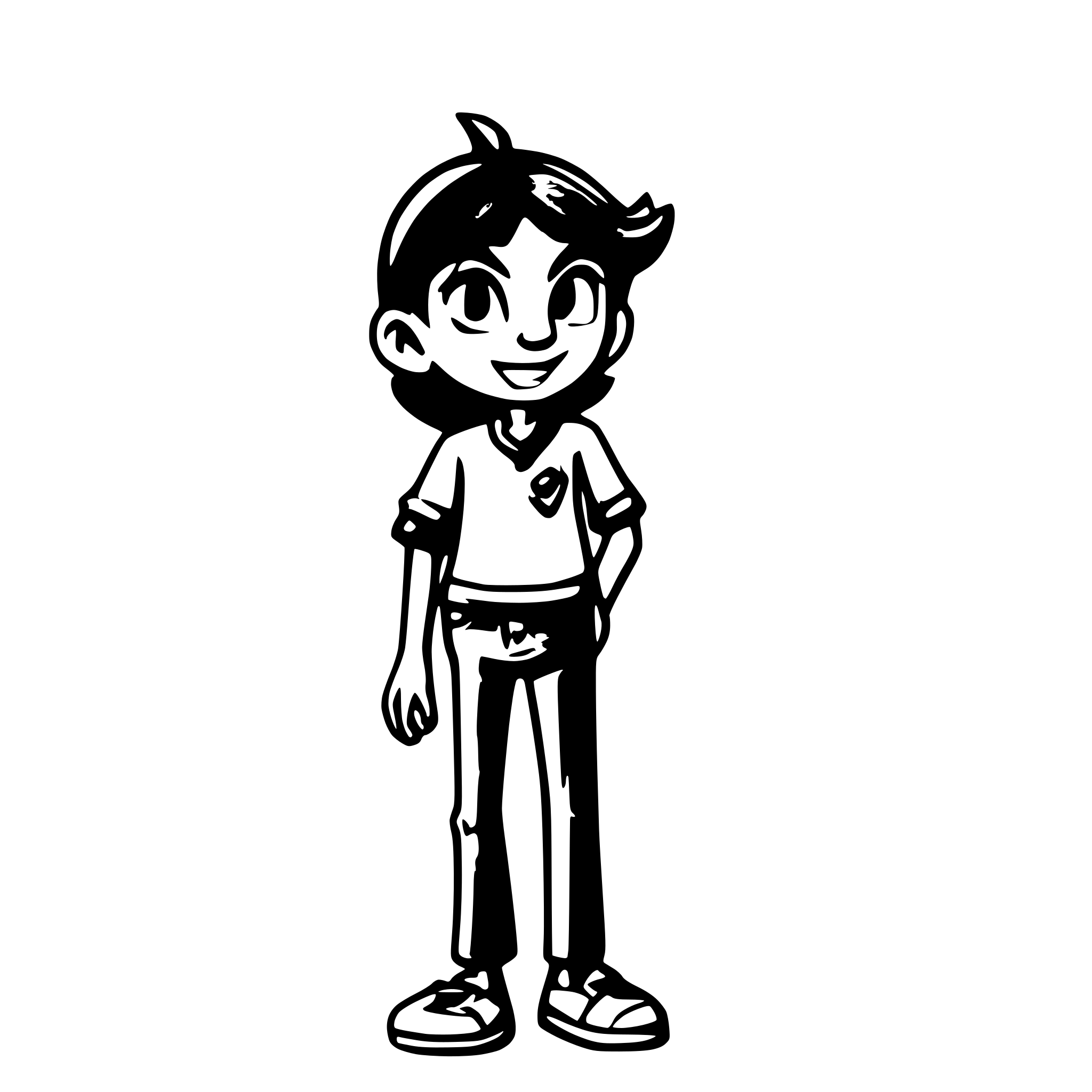 AI-generated SVG of a Short man , skinny, round eyes, red hair, orange t shirt, gray pants, white background, Pixar style, standing front back side poses