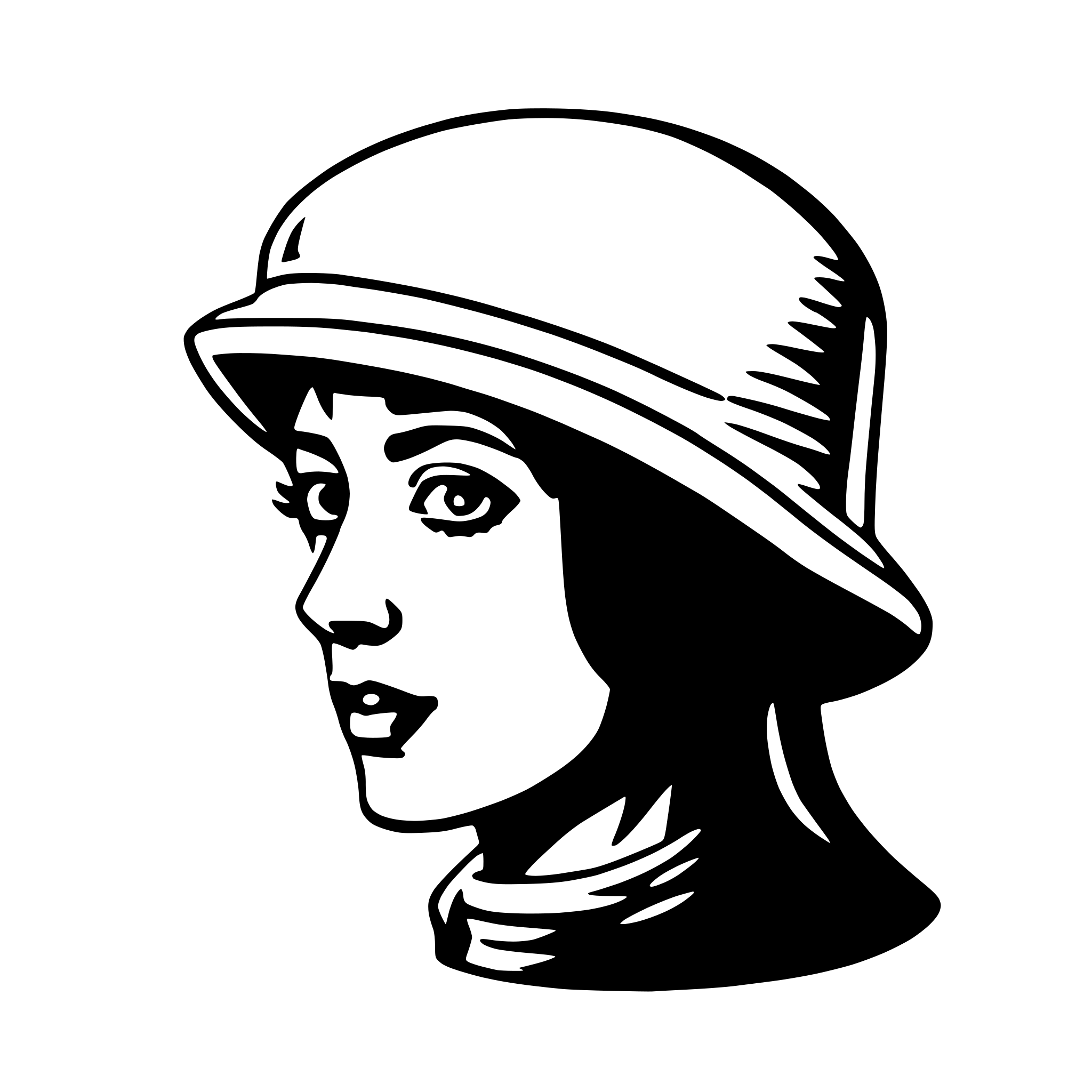 The SVG depicts a stylized black and white illustration of a person's head and shoulders. The person is wearing a helmet with a visor, and the helmet has a rounded top. The individual has a neutral expression with a slight tilt of the head to the left. The person's hair is styled in a short bob, and the facial features are simplified with minimal detail. The illustration is flat with no shading, giving it a graphic or icon-like appearance. 