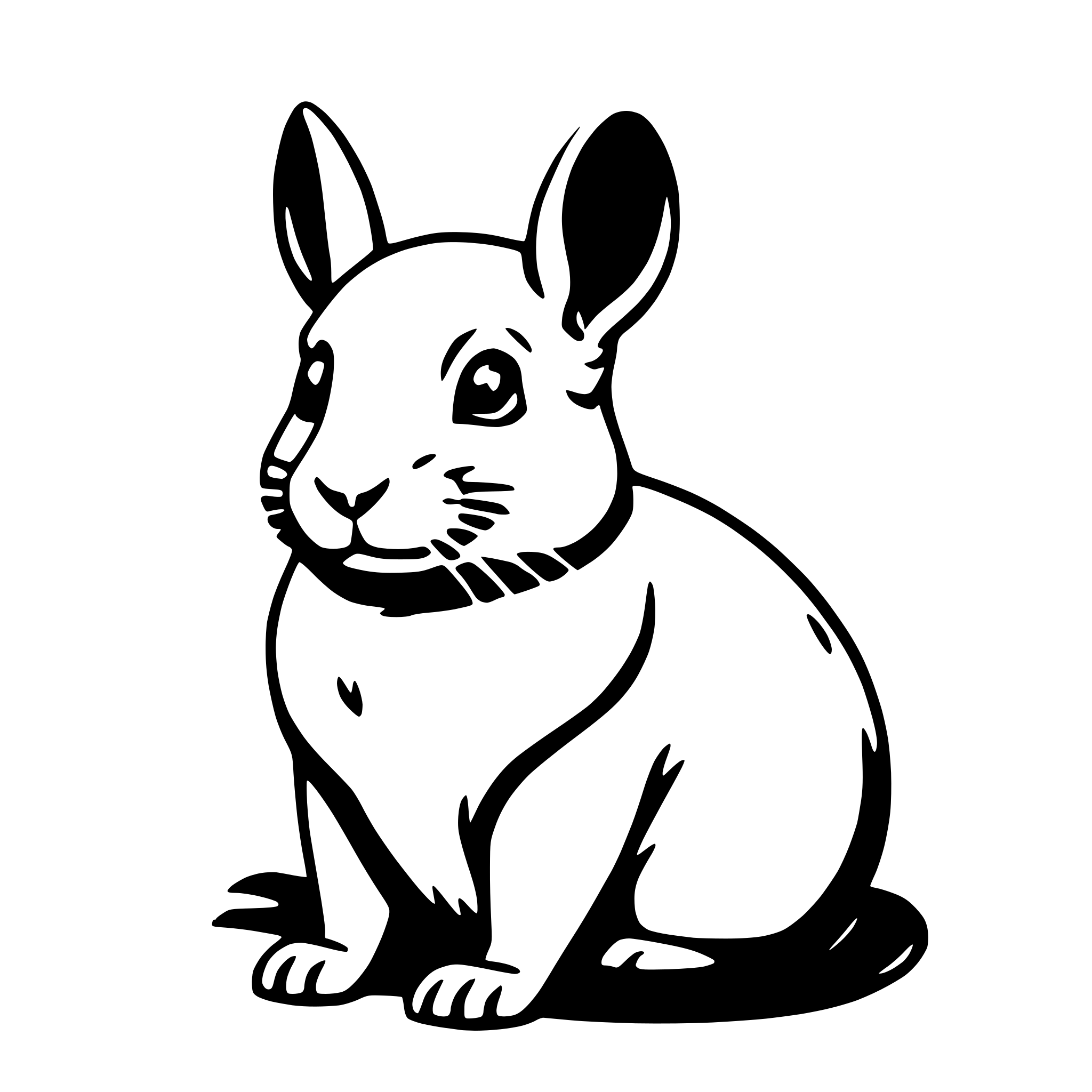 The SVG depicts a stylized, cartoon-like depiction of a rabbit. The rabbit is sitting upright with its front paws extended forward and its hind legs tucked under its body. It has large, round ears and a simple, curved tail. The rabbit's eyes are large and round, with a small line for the pupil, and it has a small, triangular nose. The overall style is minimalistic and appears to be designed for a logo or icon. There is no interaction between objects as the SVG only contains a single subject, the rabbit. 