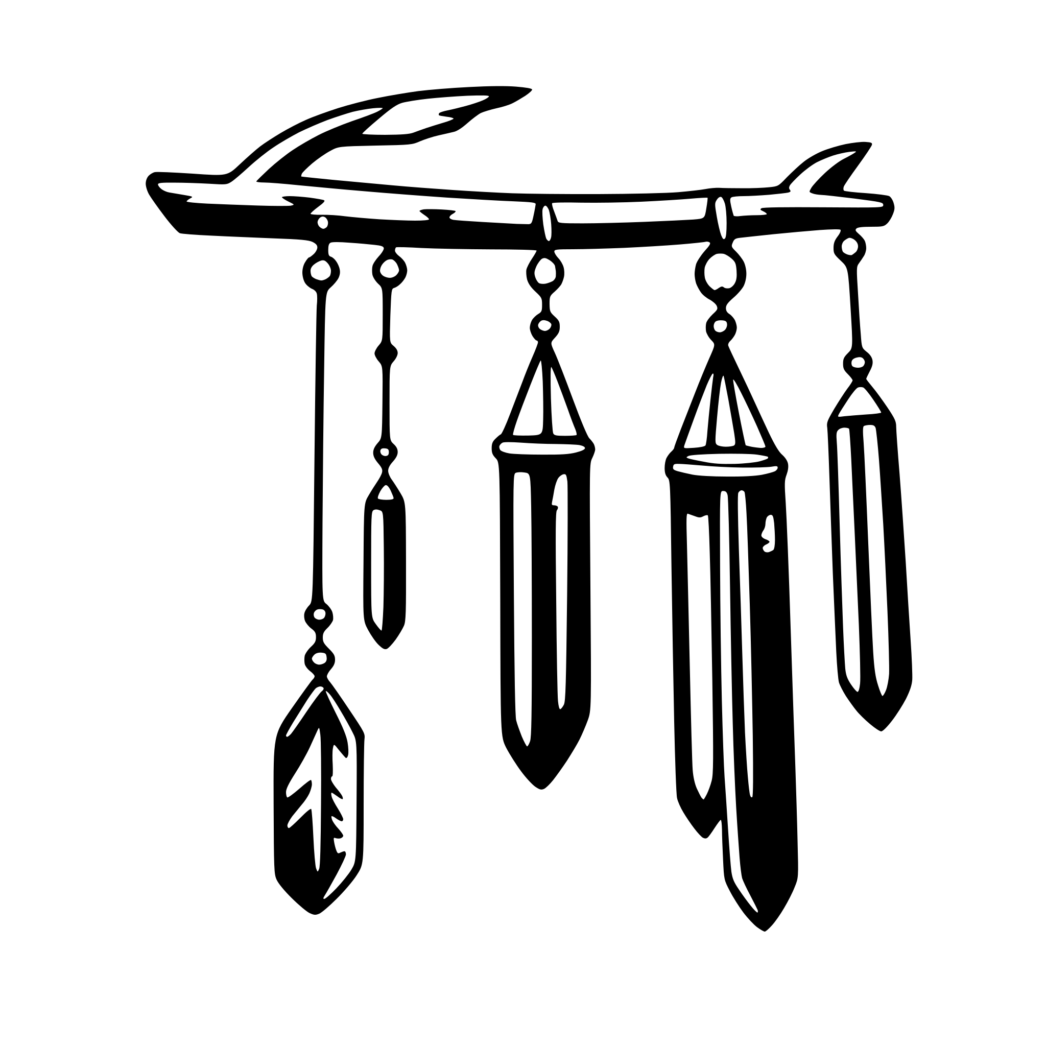 The SVG depicts a stylized, monochrome vector graphic of a harp. The harp features a curved neck with a pointed end, and a series of vertical strings that are attached to a horizontal bar at the top. Each string is adorned with a small, triangular-shaped ornament at the end, which is a common decorative element on harps. The harp is suspended from a horizontal bar by a series of vertical supports, each of which is connected to the harp by a small, triangular-shaped ornament. The overall design is simple and abstract, with clean lines and minimal detail. 
