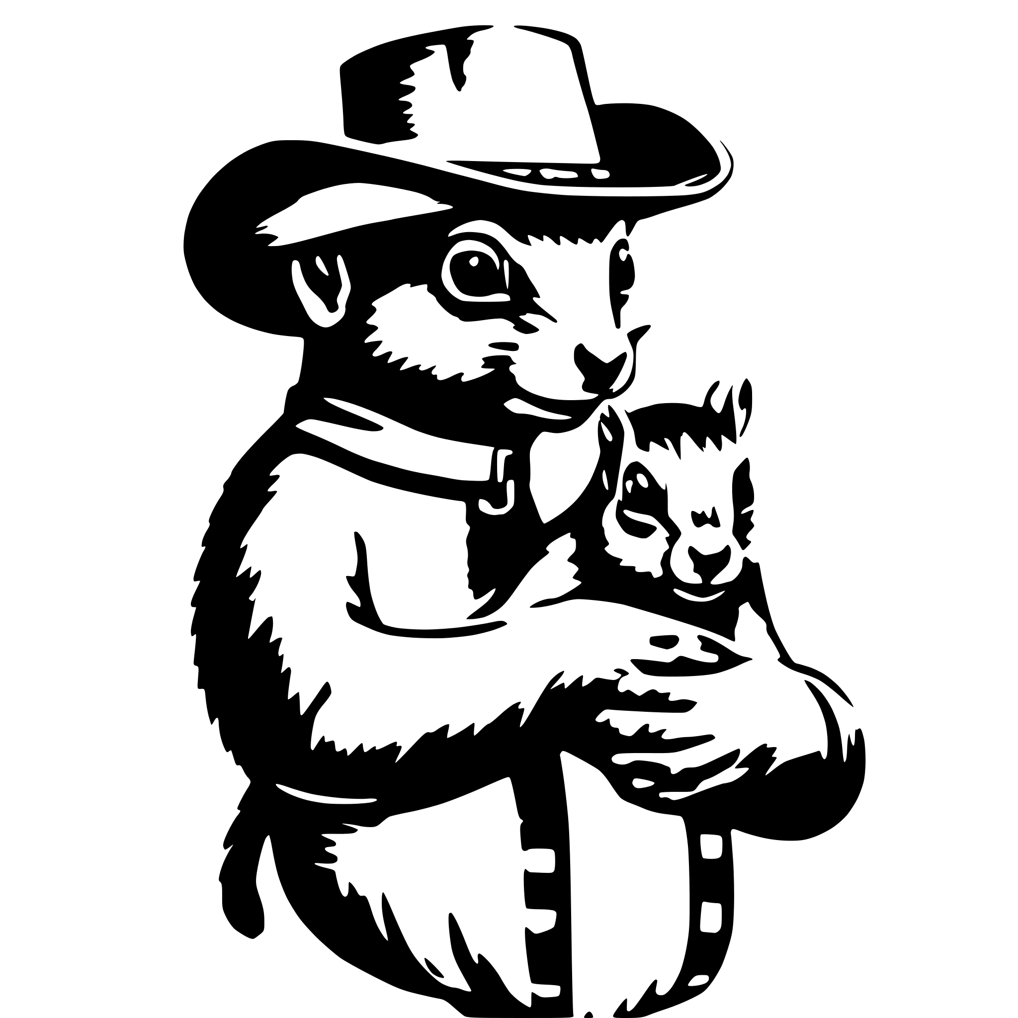 AI-generated SVG of 'Squirrel wearing a cowboy hat being held in human hands'