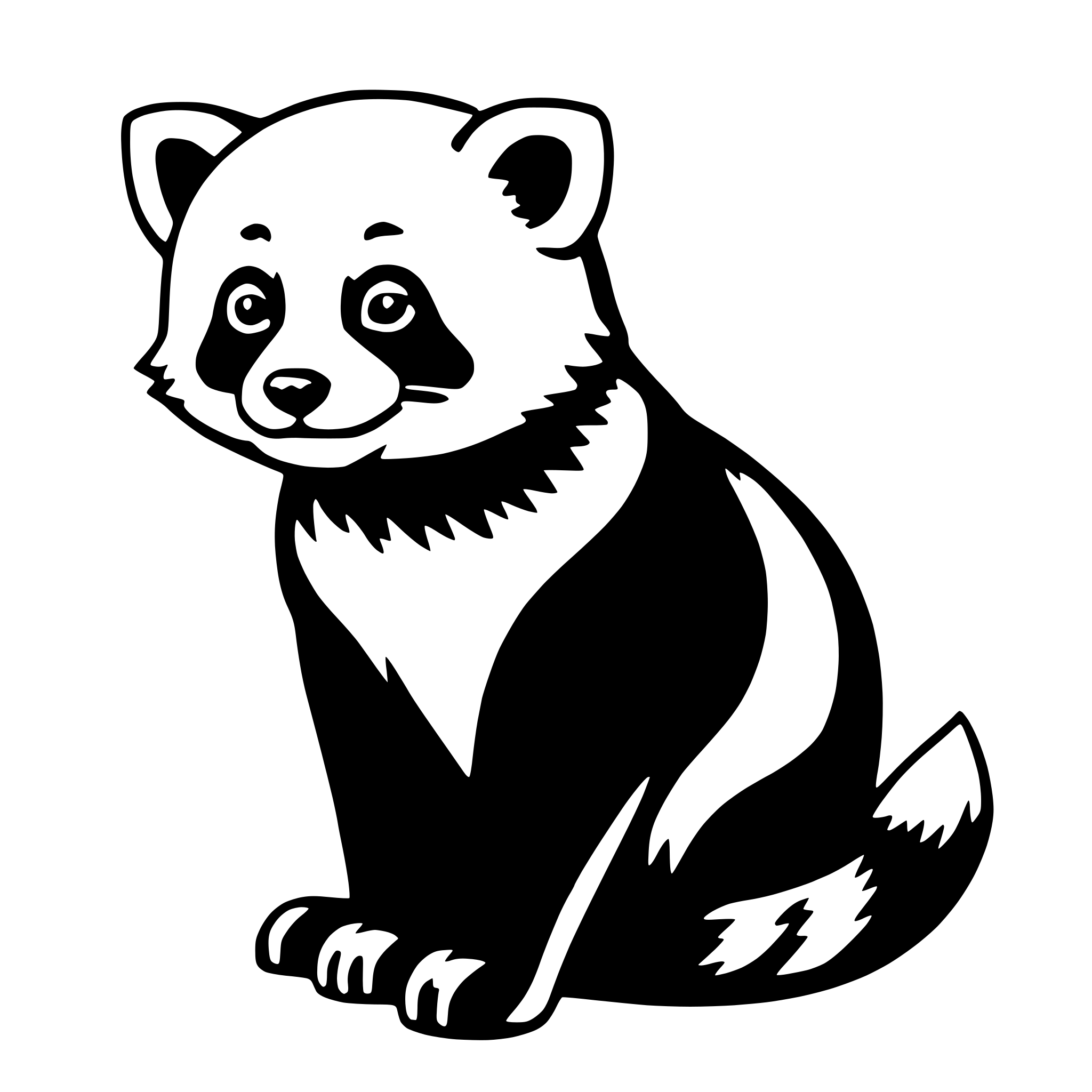 The SVG depicts a stylized black and white illustration of a panda. The panda is sitting upright with its front paws extended forward and its hind legs tucked under its body. It has a round head with large, round eyes and a small, round nose. The ears are pointed and the fur appears to be a solid color with no shading or texture details. The panda's body is elongated with a distinct black and white color pattern, which is characteristic of pandas. The SVG is simple and does not include any additional objects or interactions. 