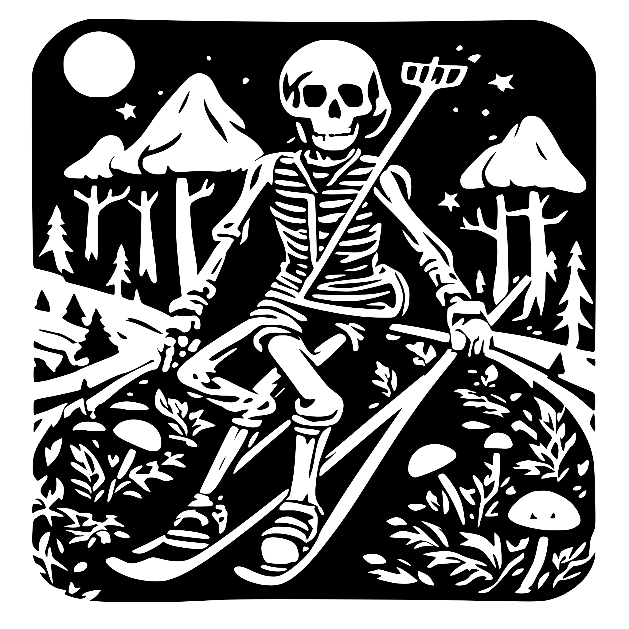 AI-generated SVG of a psychedelic grateful dead style print with swirling lines and skeletons and mushrooms. Image of a nordic skier.