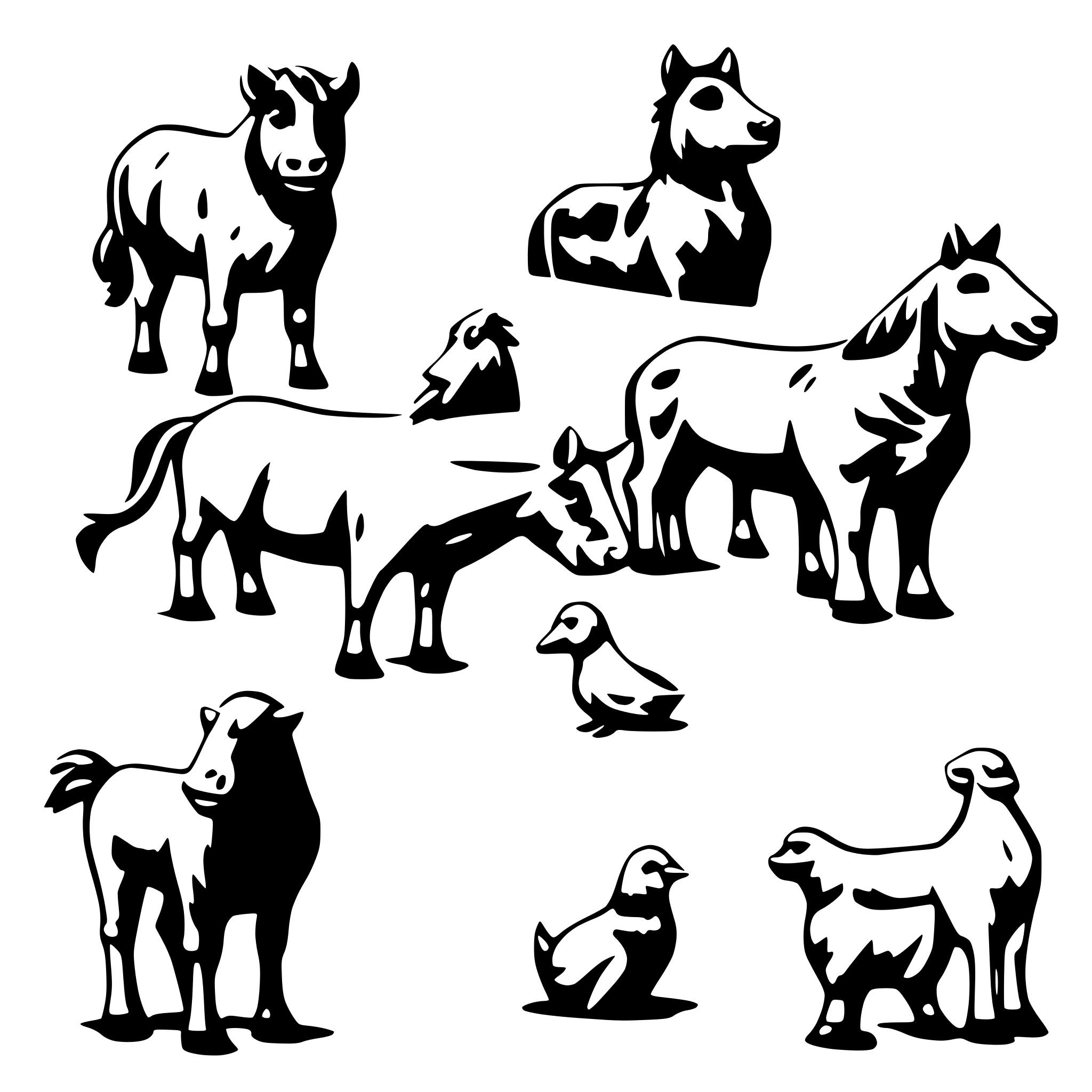 AI-generated SVG of a please create simple 1 color drawings of 7 seperate animals. a cow, a horse, a pig, a dog, a cat, a rabbit and a chicken seen from the side. all animals stand in a row. let it look professional, not comic like.