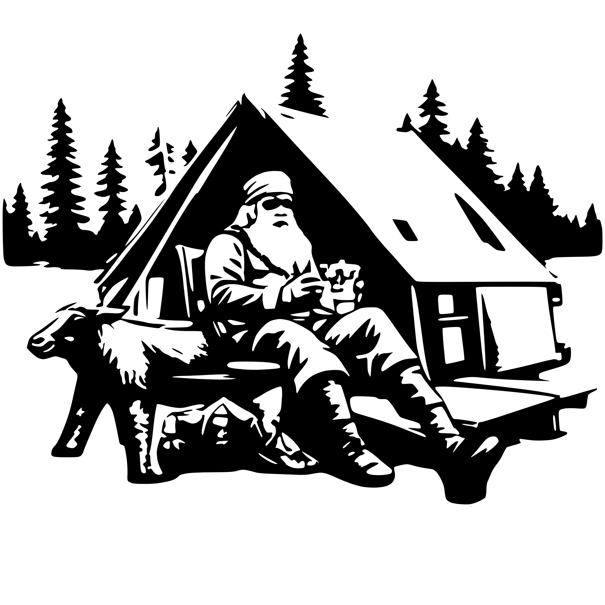 AI-generated SVG of a santa reclining in a camping chair next to a camper.  the camper is being pulled by reindeer.