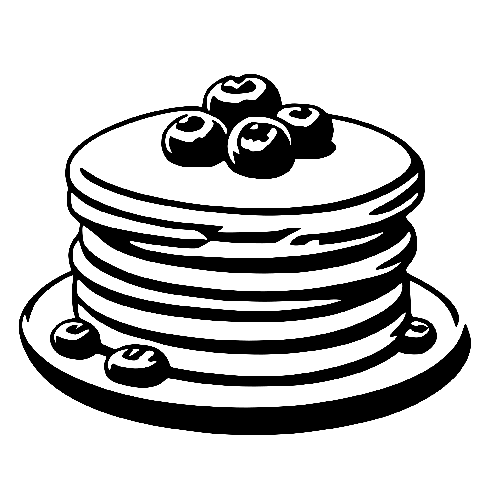 The SVG depicts a stylized illustration of a stack of pancakes topped with what appears to be a dollop of butter and a few cherries. The pancakes are arranged in a vertical stack, with the topmost pancake slightly offset to the right. The butter is placed on the top pancake, and the cherries are scattered across the top pancake and the one beneath it. The illustration is simple and uses minimal detail to convey the subject matter. 