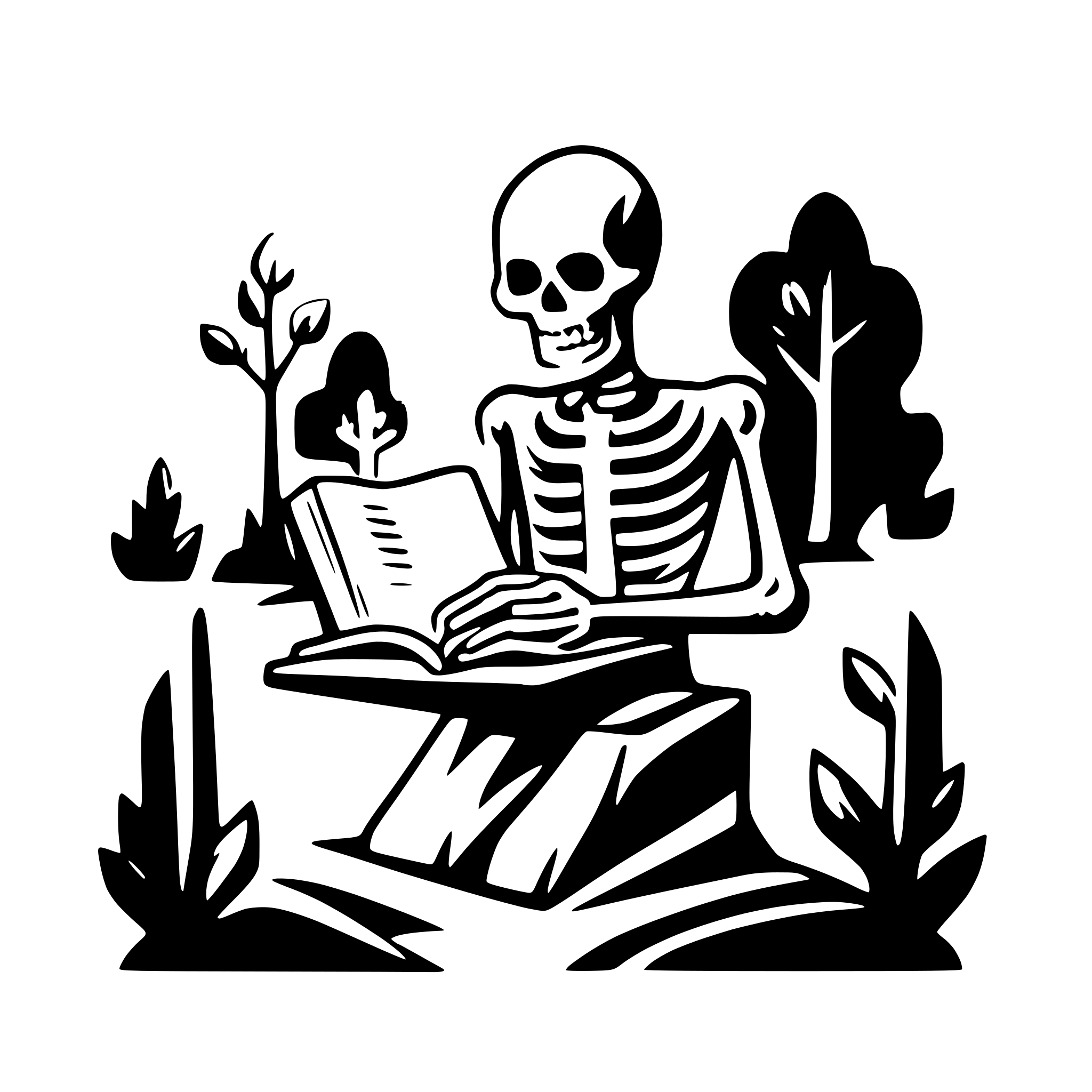 AI-generated SVG of a a skeleton on a cemetery reading a big book