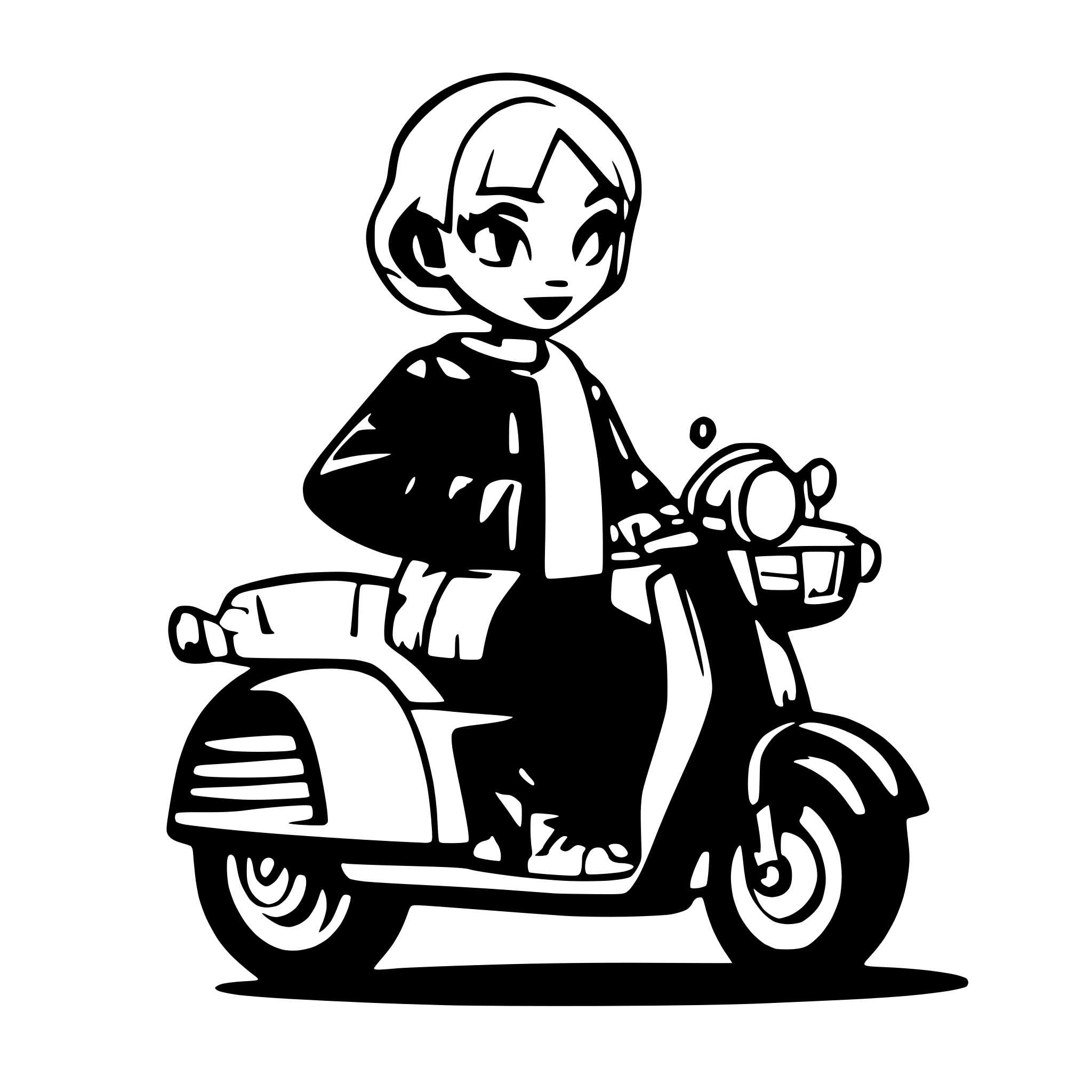 AI-generated SVG of a Short hairs colored black women on a vespa