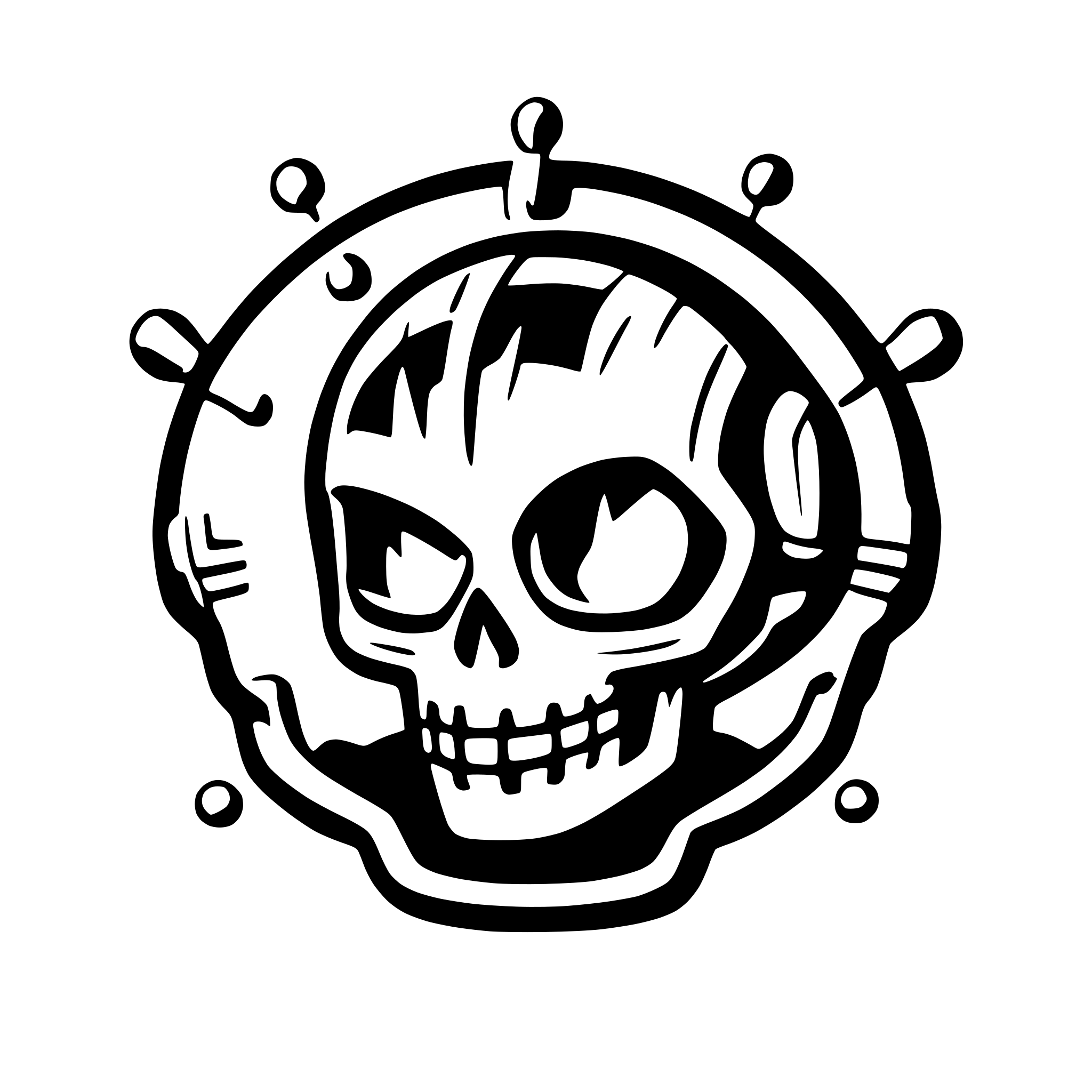 AI-generated SVG of a scifi skull floating radiating with tech and knowledge